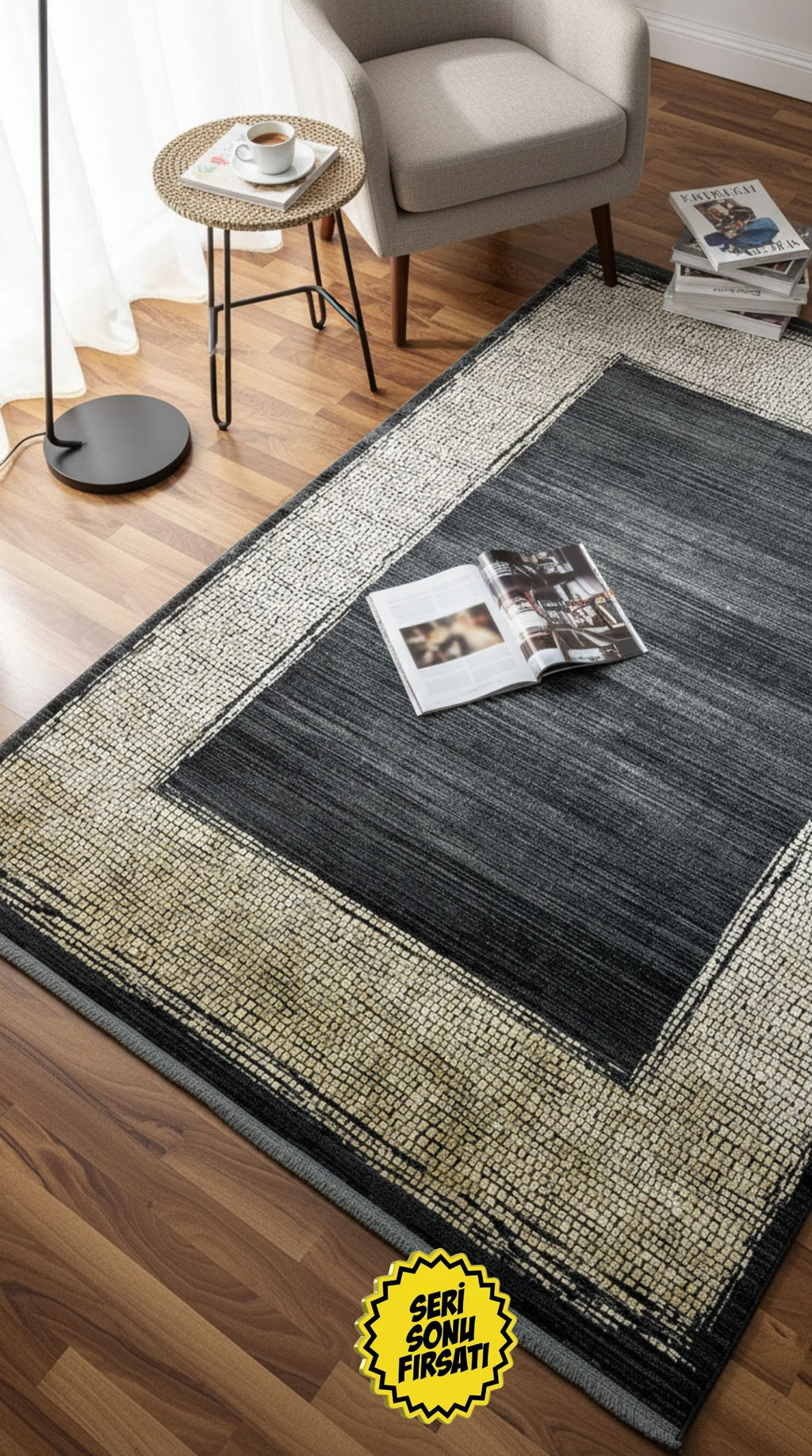 Zev Dark Serisi Zümrüt Siyahı Hardal Sarı Detaylı Çerçeveli Triko Akrilik Salon Halısı- %60 Fırsat Outlet st024  160x230