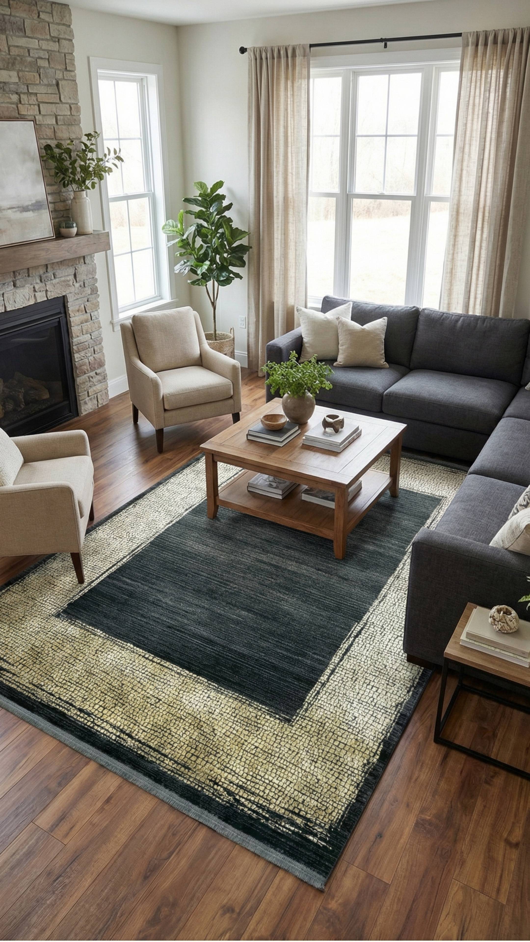 Zev Dark Serisi Zümrüt Siyahı Hardal Sarı Detaylı Çerçeveli Triko Akrilik Salon Halısı- %60 Fırsat Outlet st024  160x230