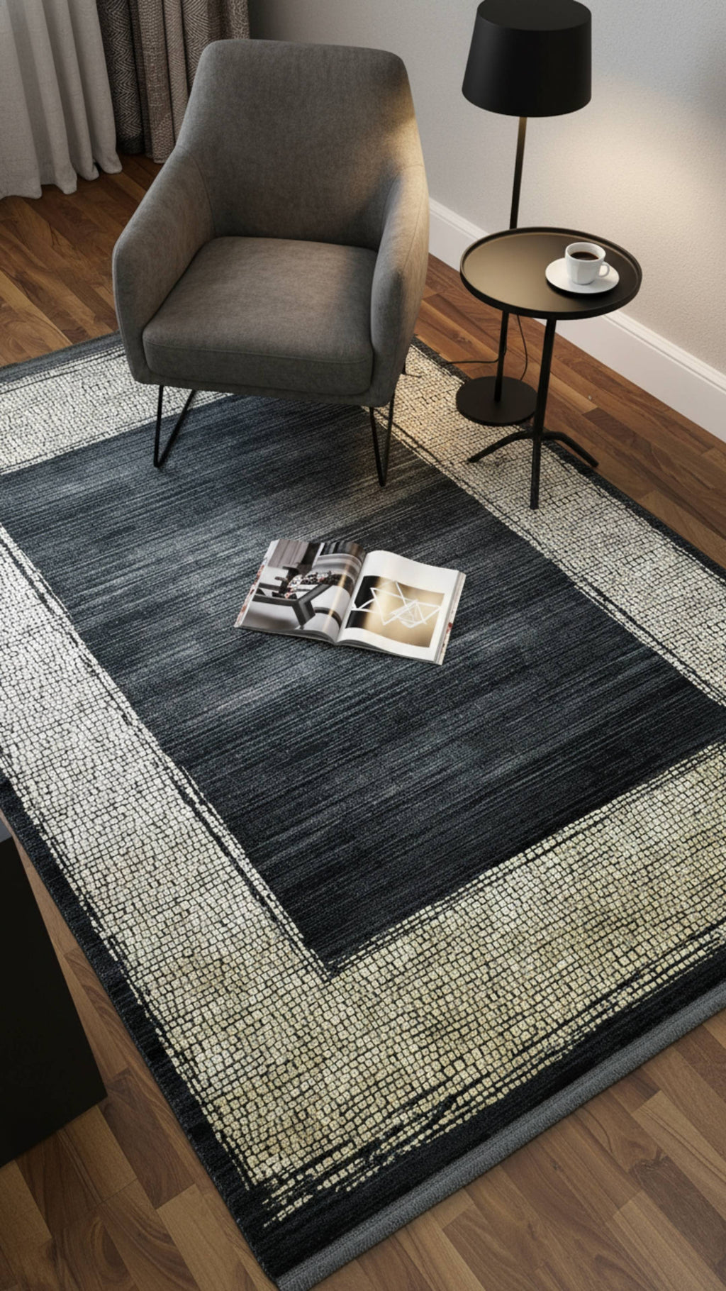 Zev Dark Serisi Zümrüt Siyahı Hardal Sarı Detaylı Çerçeveli Triko Akrilik Salon Halısı- %60 Fırsat Outlet st024  160x230