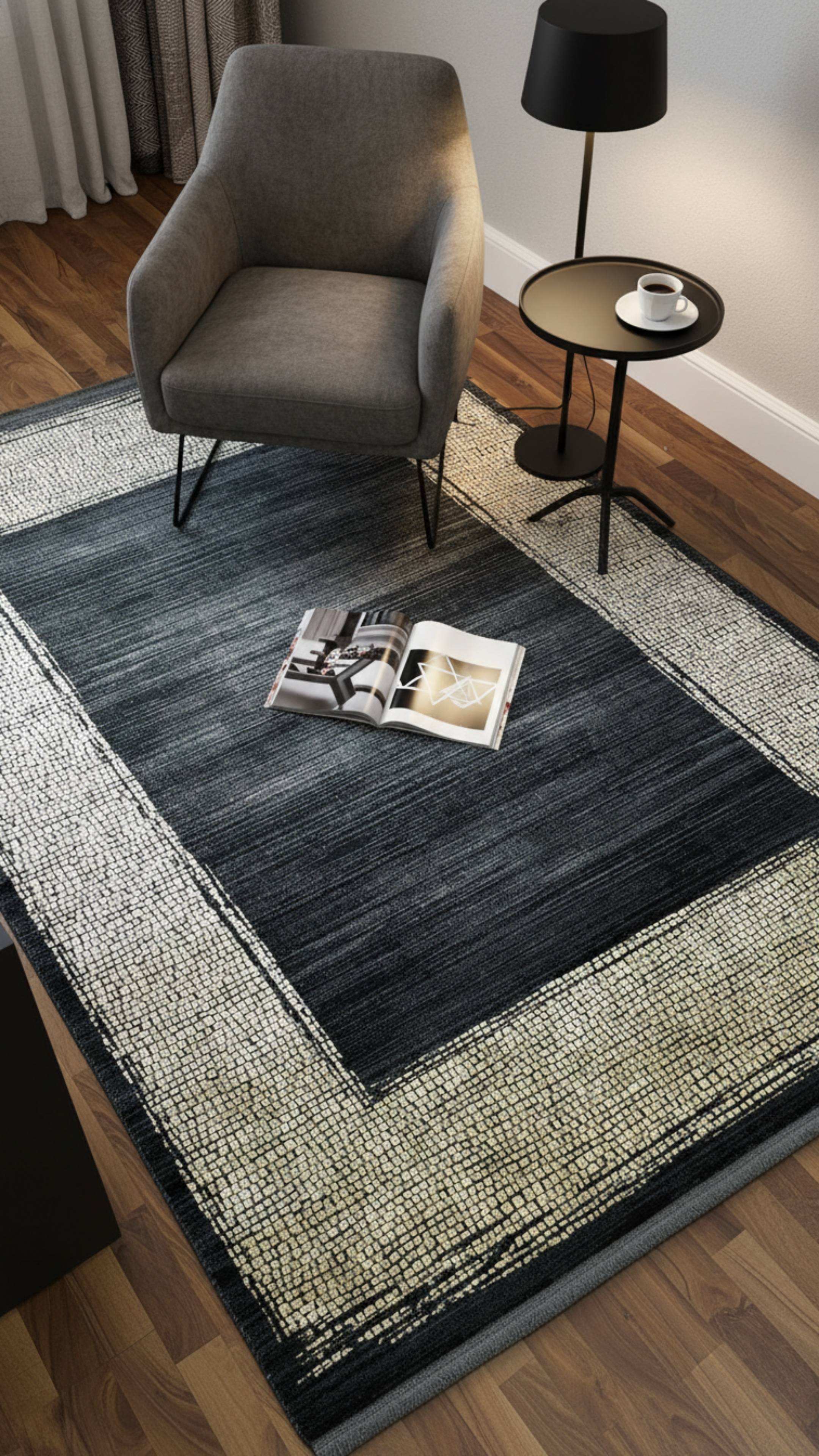 Zev Dark Serisi Zümrüt Siyahı Hardal Sarı Detaylı Çerçeveli Triko Akrilik Salon Halısı- %60 Fırsat Outlet st024  160x230