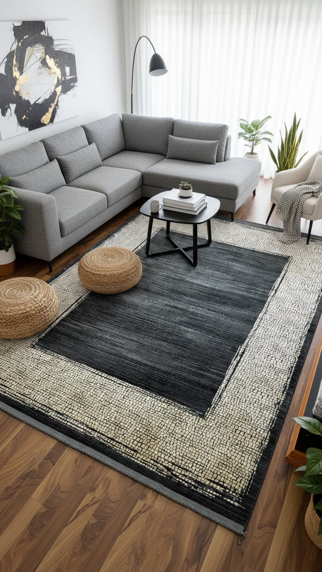 Zev Dark Serisi Zümrüt Siyahı Hardal Sarı Detaylı Çerçeveli Triko Akrilik Salon Halısı- %60 Fırsat Outlet st024  160x230