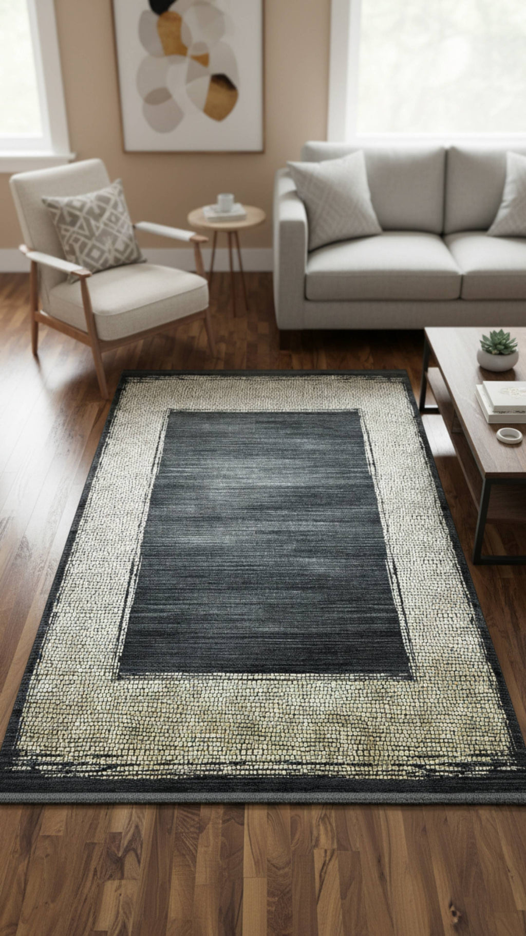 Zev Dark Serisi Zümrüt Siyahı Hardal Sarı Detaylı Çerçeveli Triko Akrilik Salon Halısı- %60 Fırsat Outlet st024  160x230