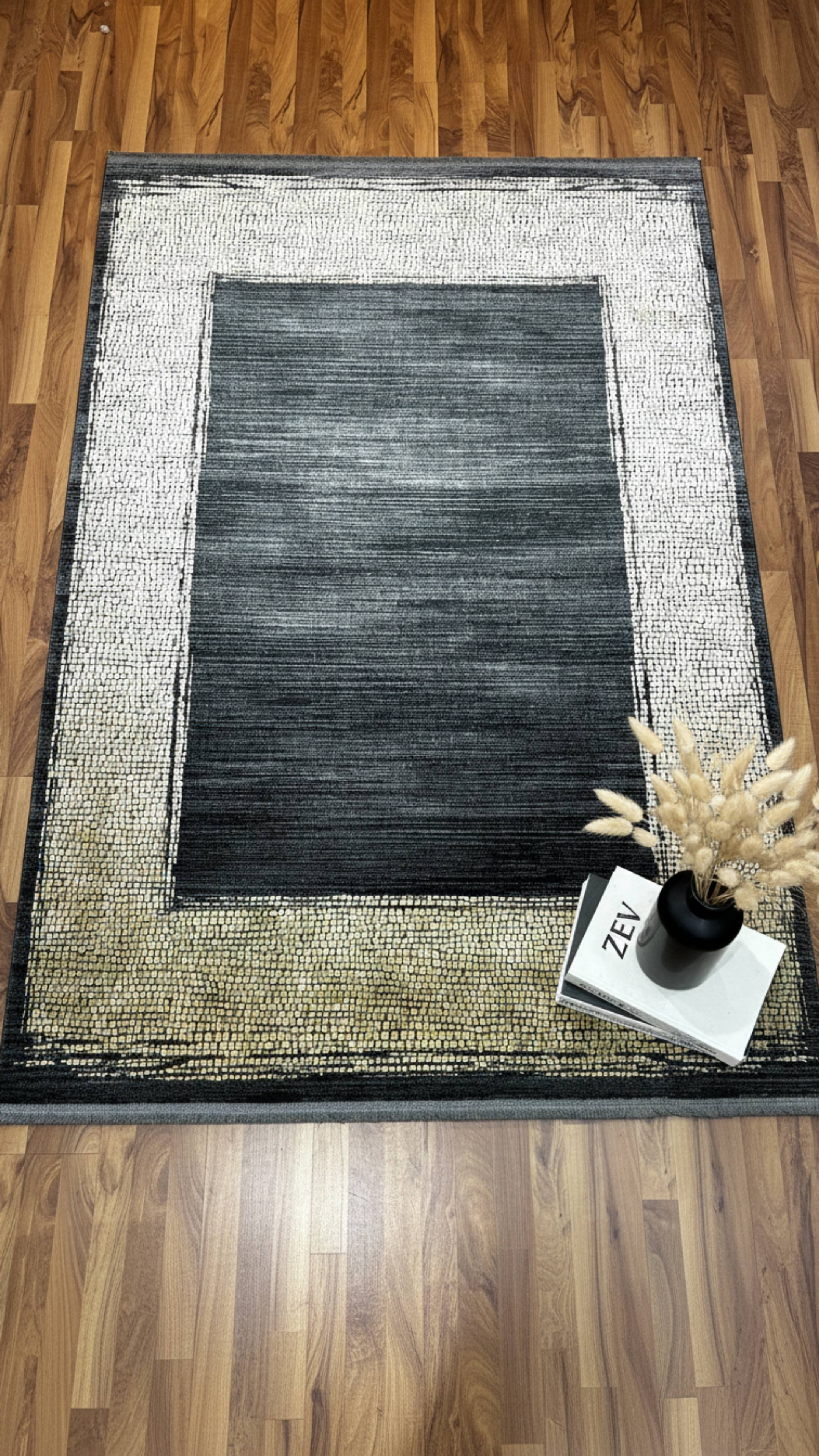 Zev Dark Serisi Zümrüt Siyahı Hardal Sarı Detaylı Çerçeveli Triko Akrilik Salon Halısı- %60 Fırsat Outlet st024  160x230