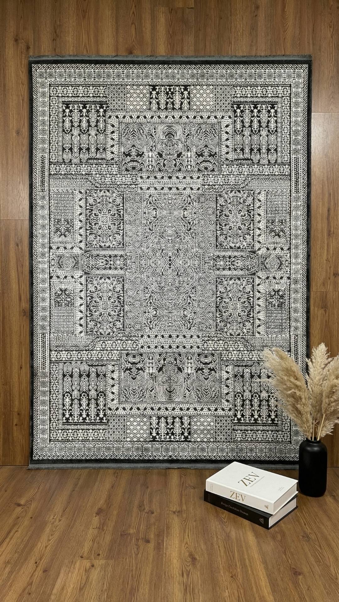 Zev Dark Serisi Zümrüt Siyahı Etnik Monokrom Triko Akrilik Salon Yatak Odası Halısı- %60 Fırsat Outlet st020  160x230