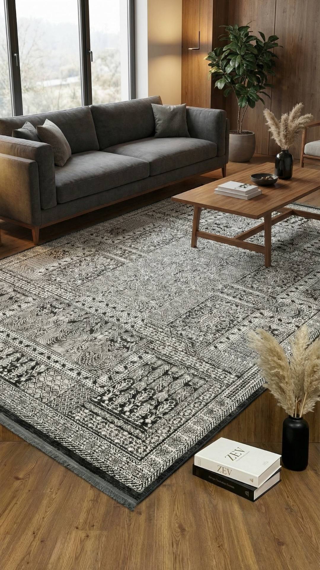 Zev Dark Serisi Zümrüt Siyahı Etnik Monokrom Triko Akrilik Salon Yatak Odası Halısı- %60 Fırsat Outlet st020  160x230