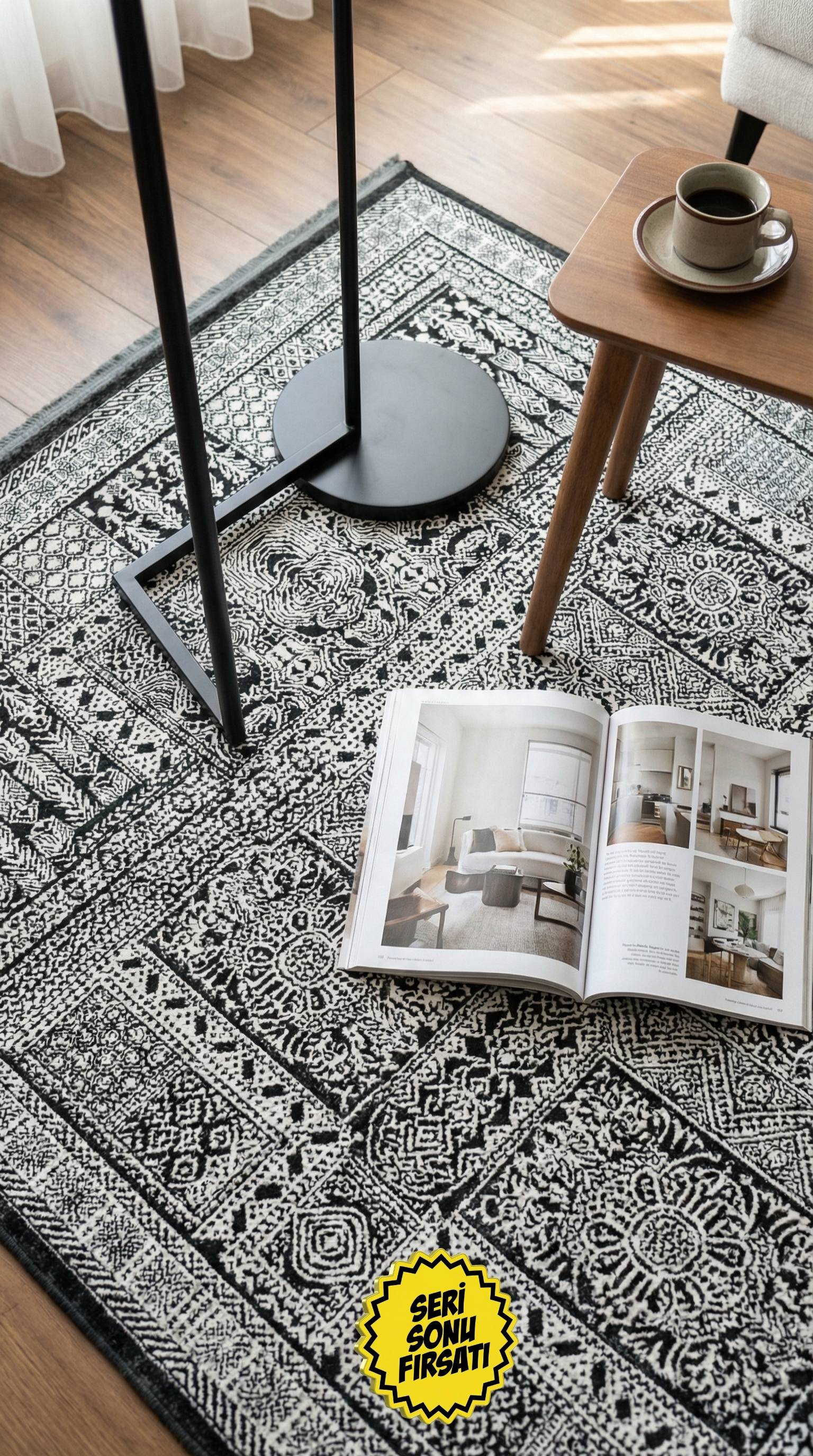 Zev Dark Serisi Zümrüt Siyahı Etnik Monokrom Triko Akrilik Salon Yatak Odası Halısı- %60 Fırsat Outlet st020  160x230
