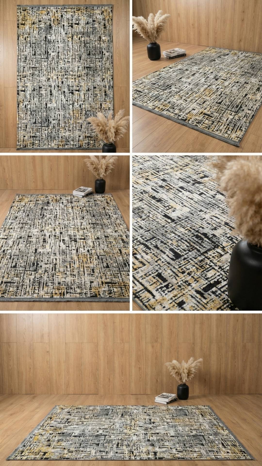 Zev Dark Serisi Zümrüt Siyahı Hardal Sarı Detaylı Etnik Damask Triko Akrilik Salon Halısı- %60 Fırsat Outlet st022  160x230