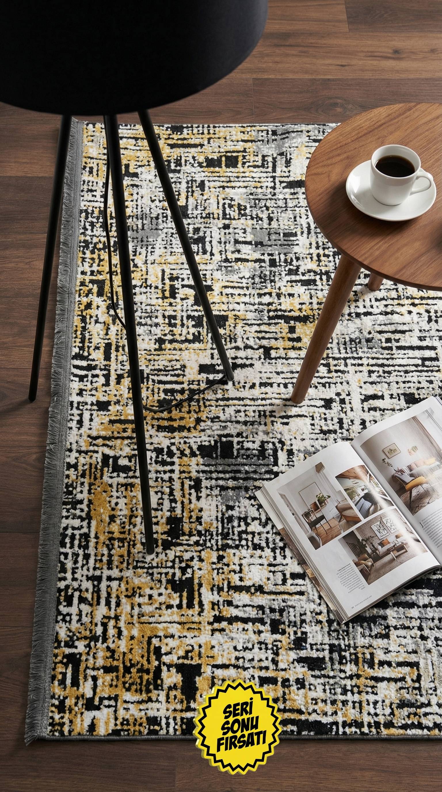 Zev Dark Serisi Zümrüt Siyahı Hardal Sarı Detaylı Etnik Damask Triko Akrilik Salon Halısı- %60 Fırsat Outlet st022  160x230