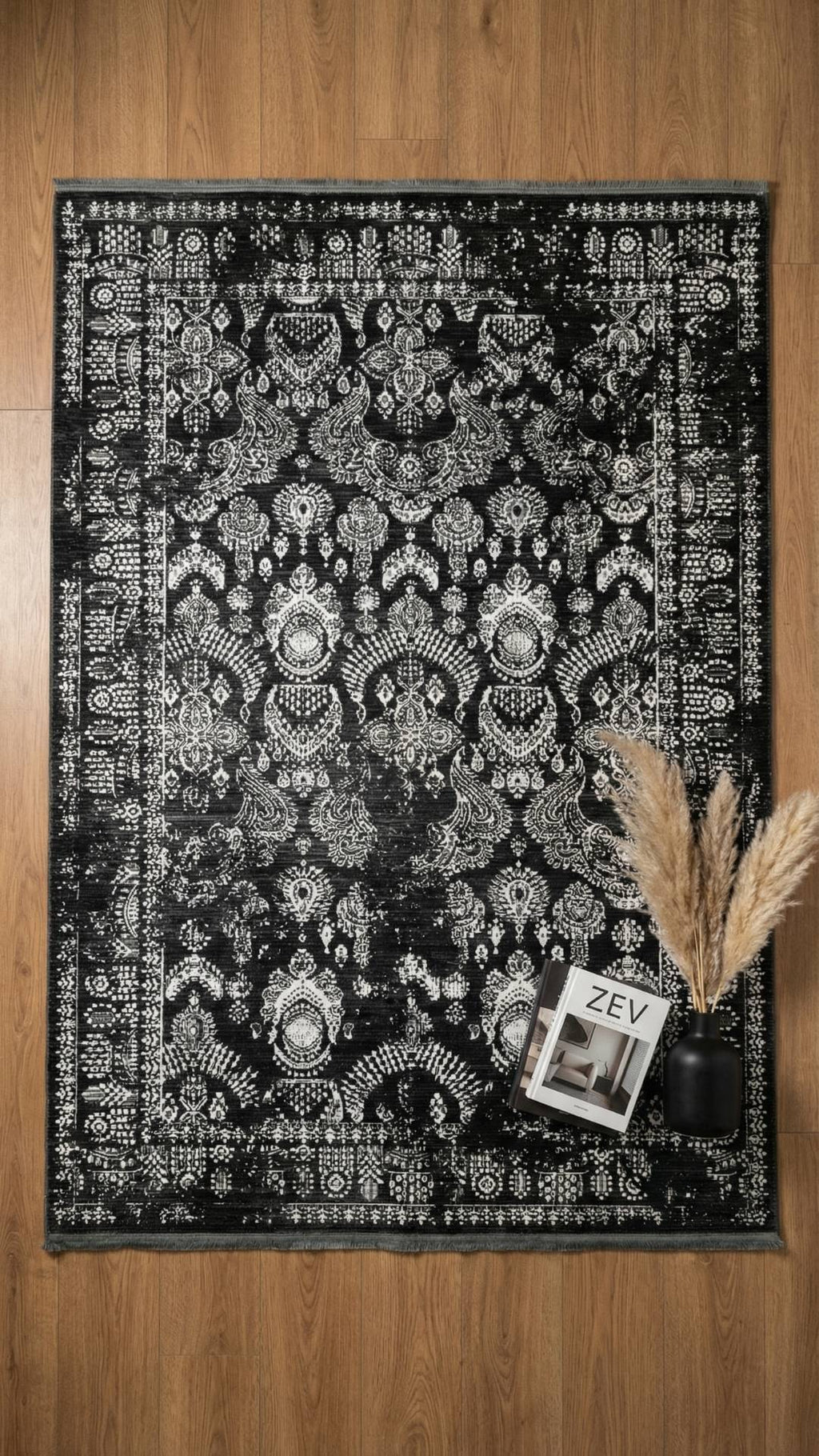 Zev Dark Serisi Zümrüt Siyahı Etnik Damask Triko Akrilik Salon Yatak Odası Halısı- %60 Fırsat Outlet st021  160x230