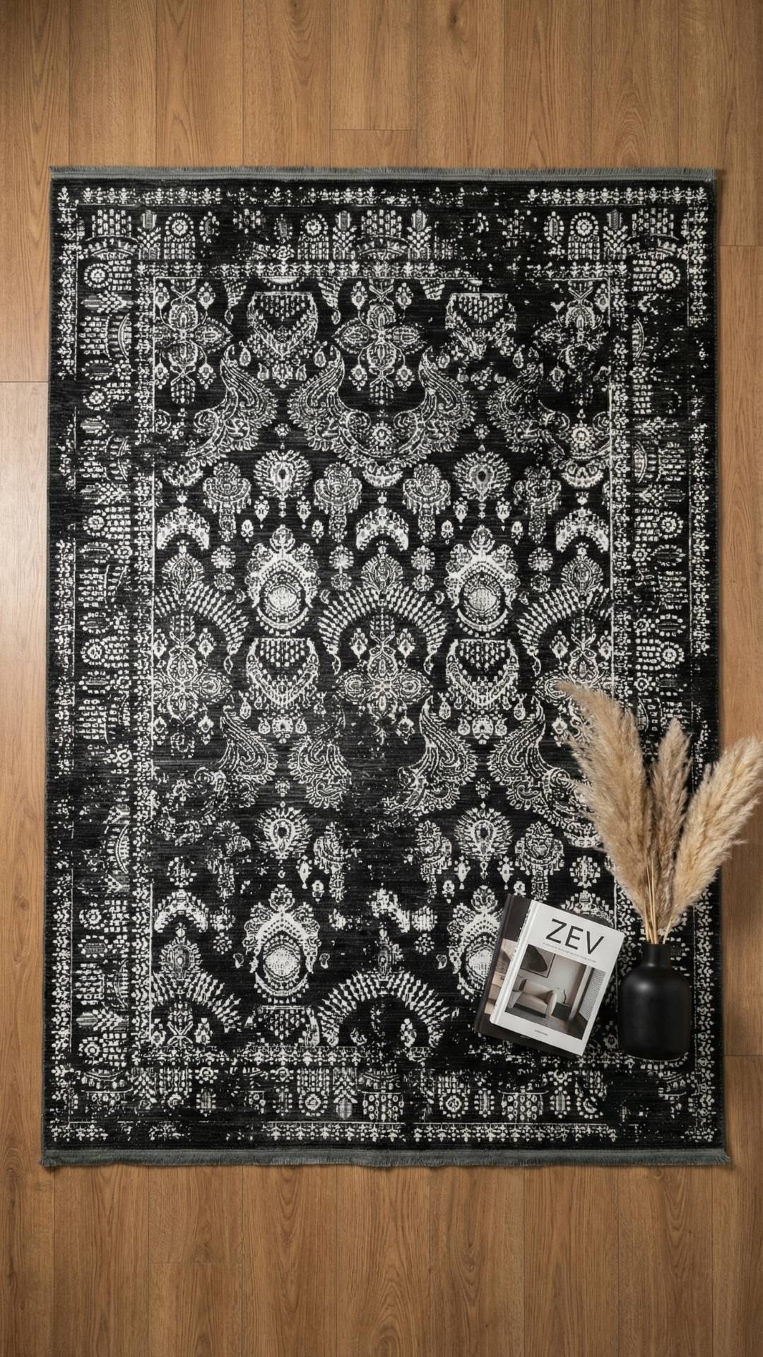 Zev Dark Serisi Zümrüt Siyahı Etnik Damask Triko Akrilik Salon Yatak Odası Halısı- %60 Fırsat Outlet st021  160x230