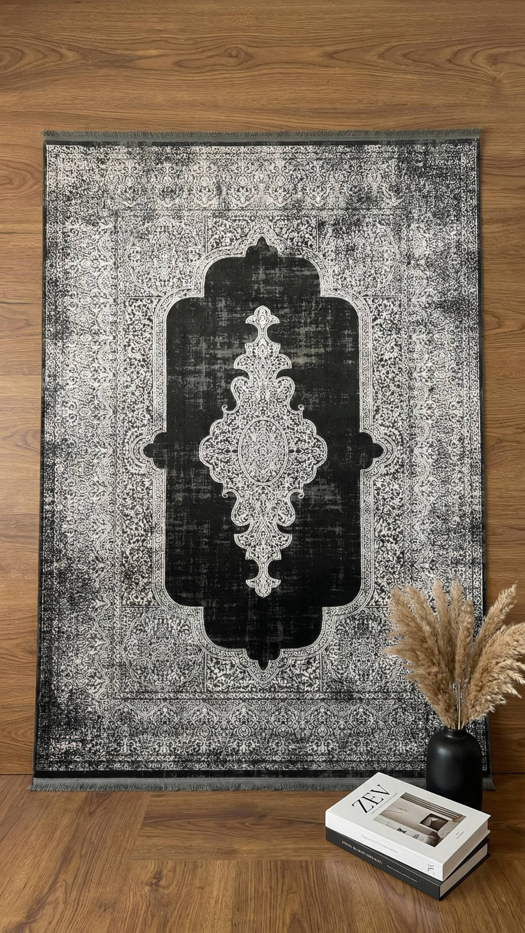 Zev Dark Serisi Zümrüt Siyahı Madalyonlu Triko Akrilik Salon Misafir Odası Halısı- %60 Fırsat Outlet st026  160x230