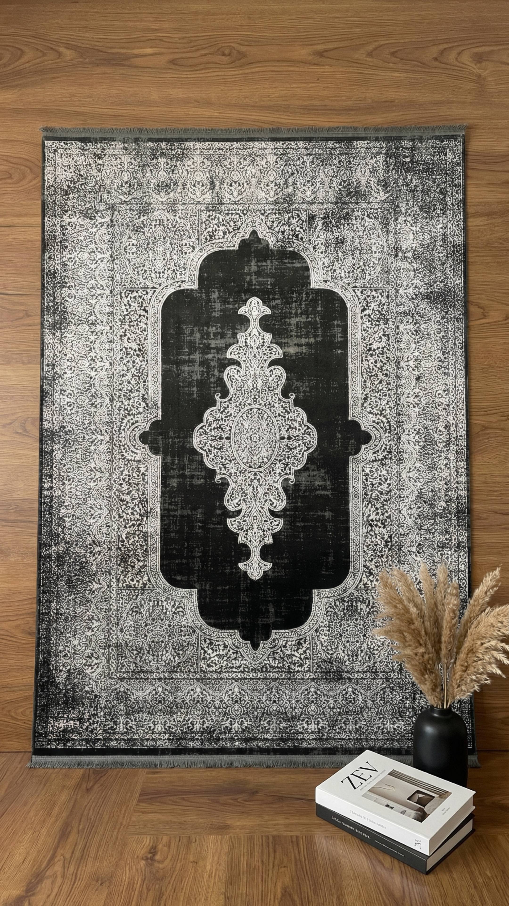 Zev Dark Serisi Zümrüt Siyahı Madalyonlu Triko Akrilik Salon Misafir Odası Halısı- %60 Fırsat Outlet st026  160x230