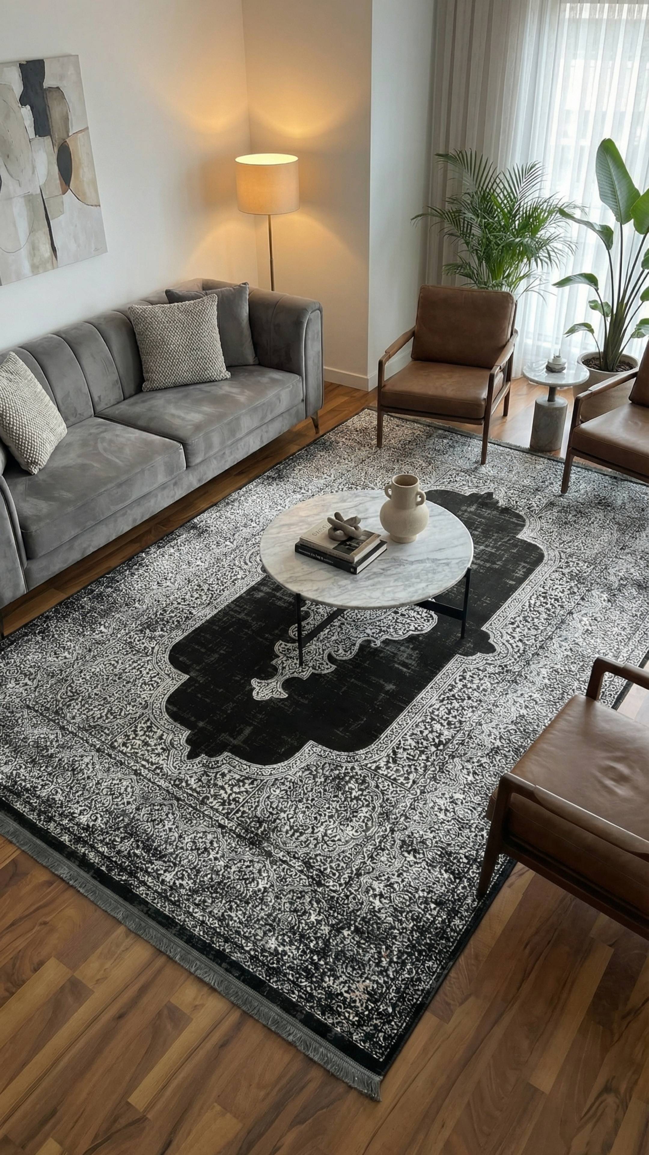 Zev Dark Serisi Zümrüt Siyahı Madalyonlu Triko Akrilik Salon Misafir Odası Halısı- %60 Fırsat Outlet st026  160x230