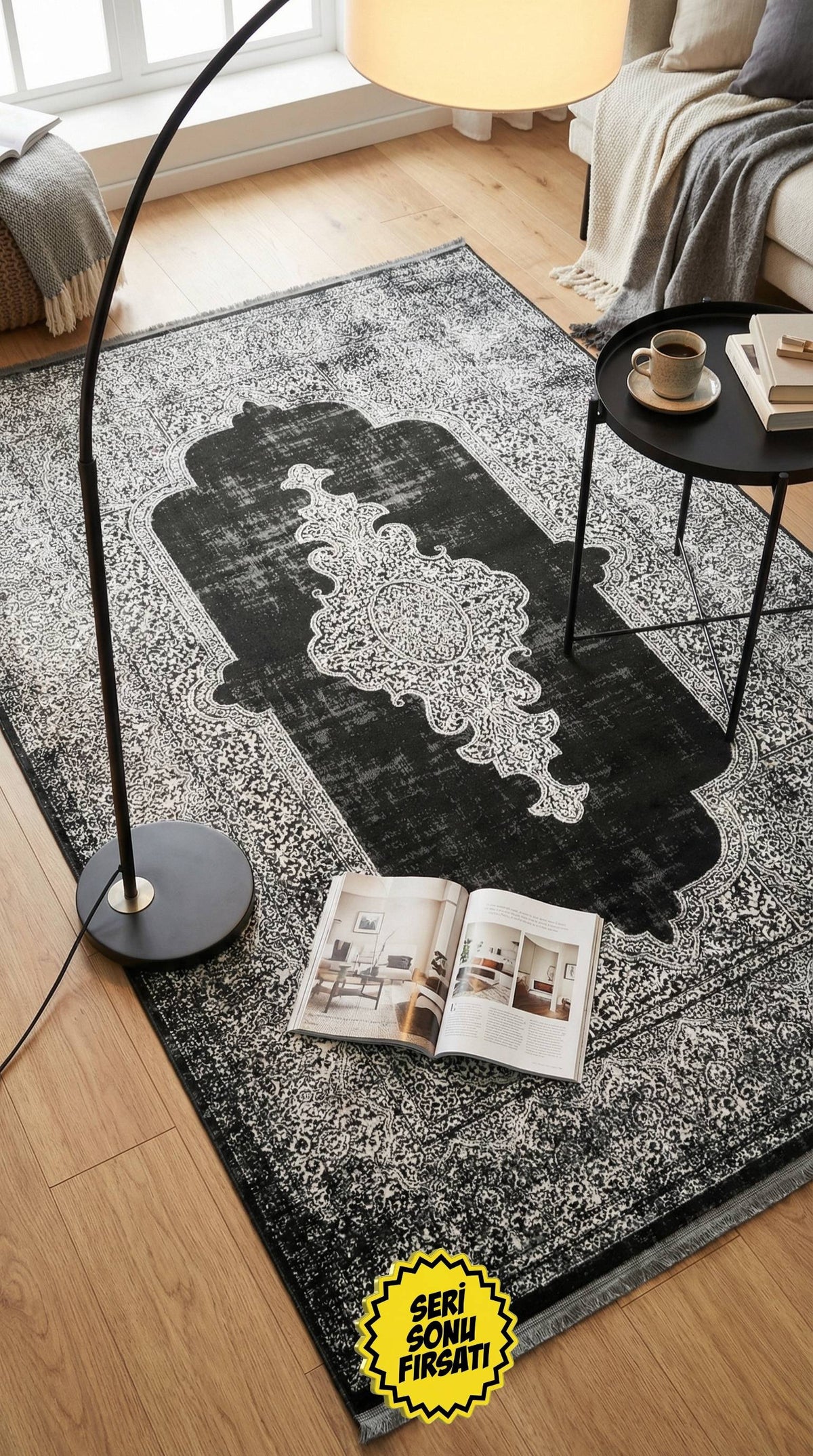 Zev Dark Serisi Zümrüt Siyahı Madalyonlu Triko Akrilik Salon Misafir Odası Halısı- %60 Fırsat Outlet st026  160x230