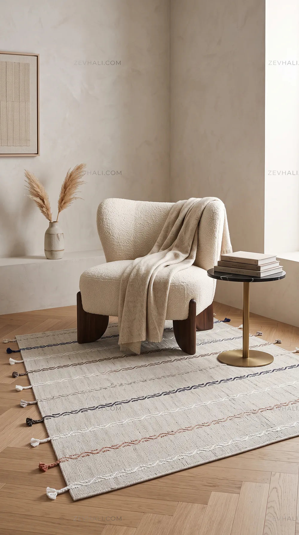 Zev Halı Vincents Colors Açık Gri Dalgalı Çizgili Püsküllü Kilim VC09 160x200