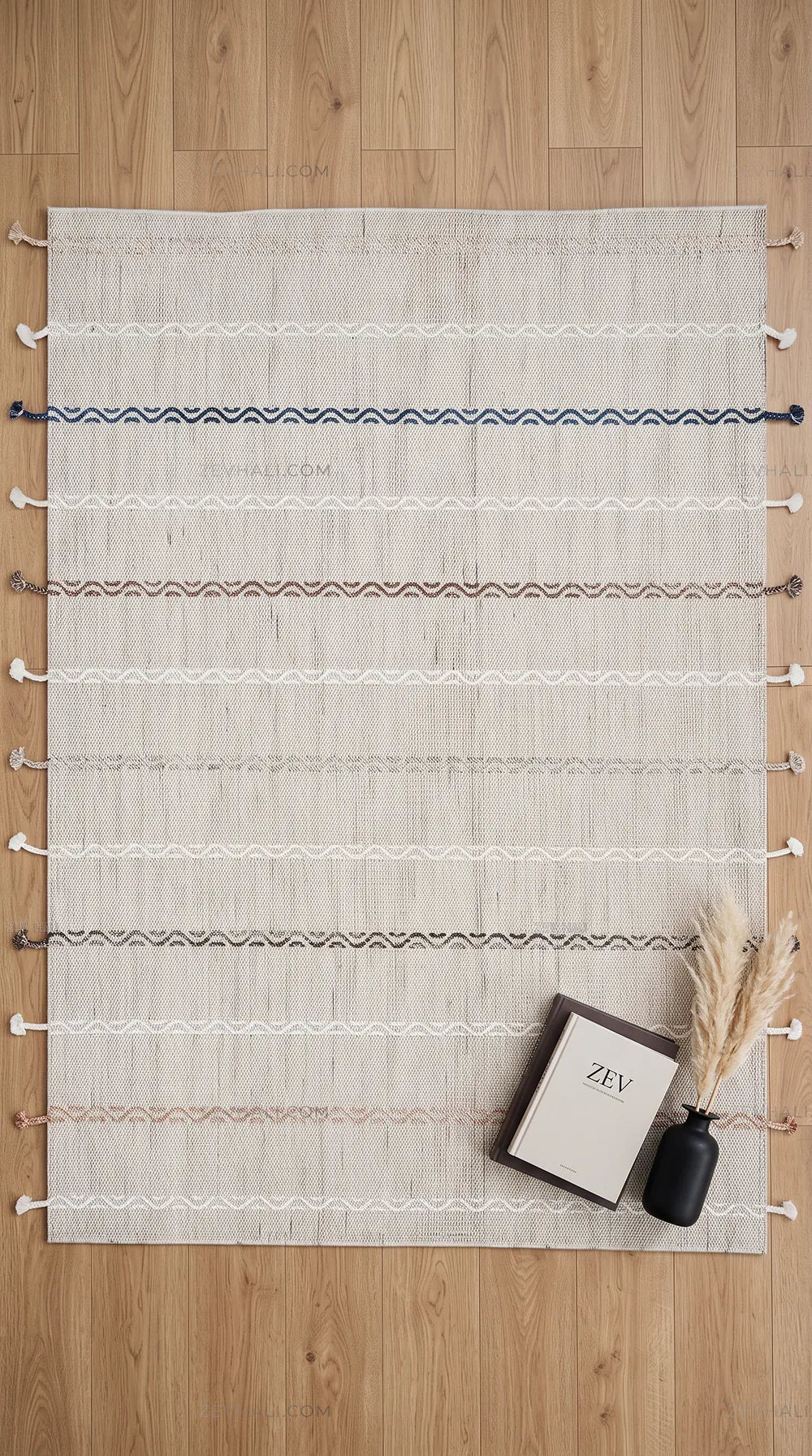 Zev Halı Vincents Colors Açık Gri Dalgalı Çizgili Püsküllü Kilim VC09 160x200