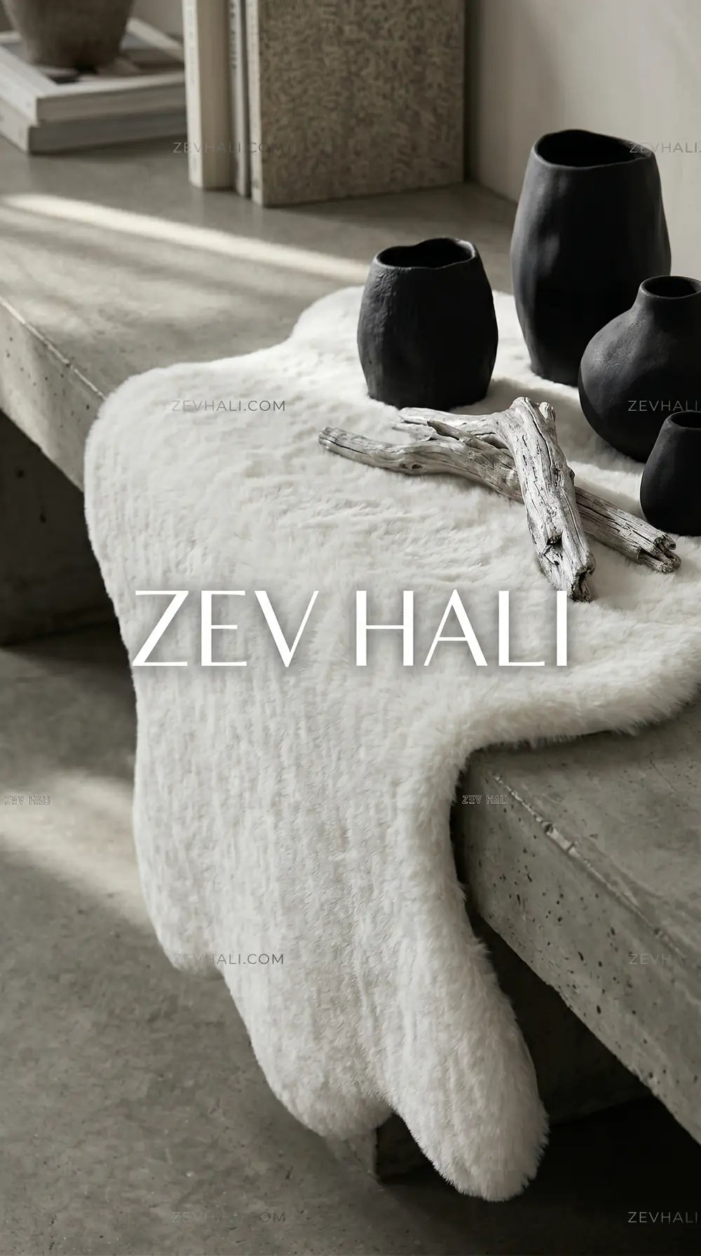 Zev Halı Alade Beyaz Suni Tavşan Tüyü Kaymaz Taban Yıkanabilir Peluş Post Halı AL04