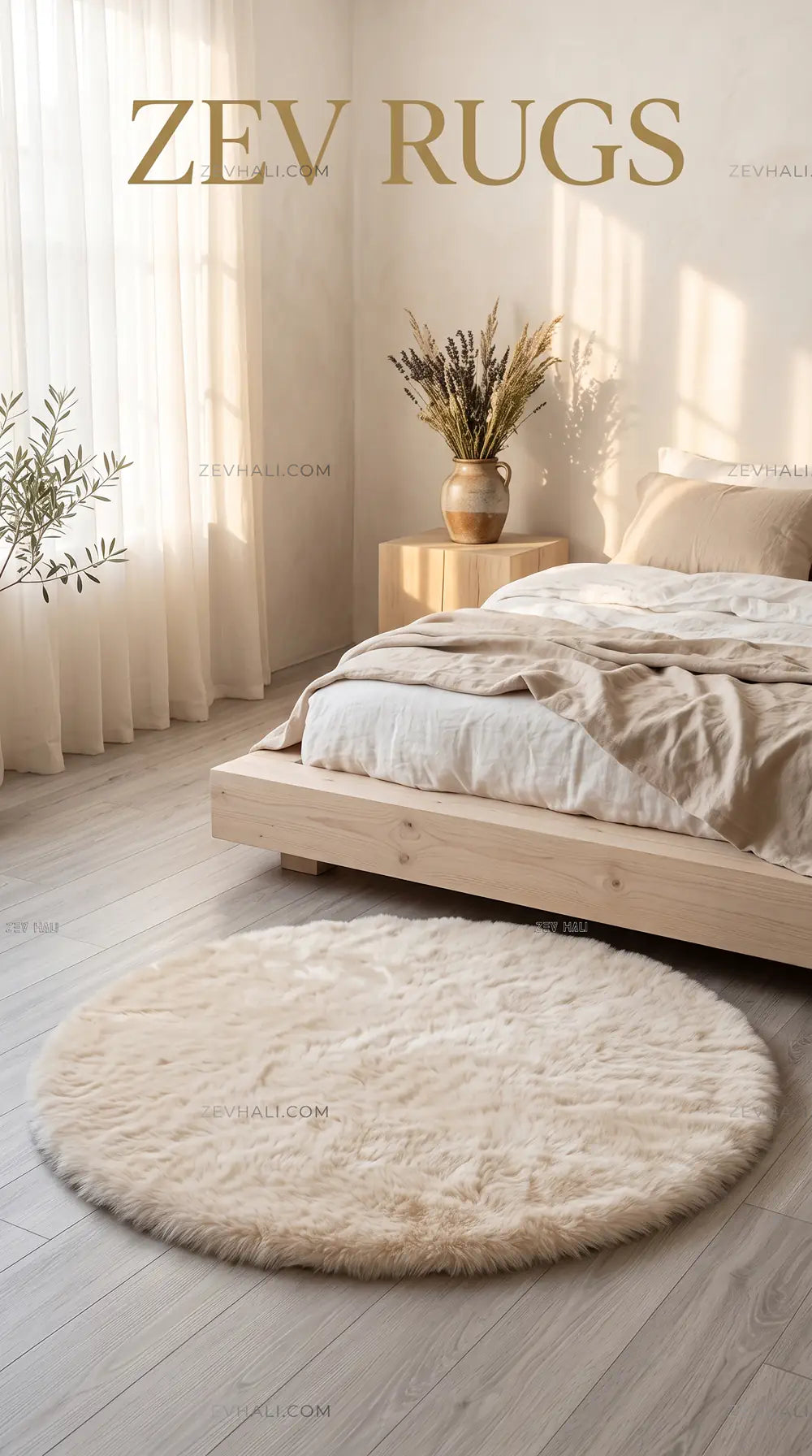 Zev Halı Alade Krem Suni Tavşan Tüyü Kaymaz Taban Yıkanabilir Peluş Yuvarlak Halı AL07 | Peluş Halı | Zev Halı