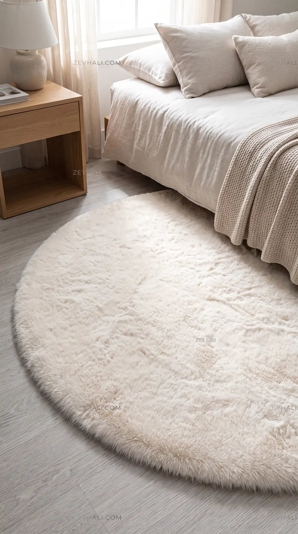Zev Halı Alade Krem Suni Tavşan Tüyü Kaymaz Taban Yıkanabilir Peluş Yuvarlak Halı AL07 | Peluş Halı | Zev Halı