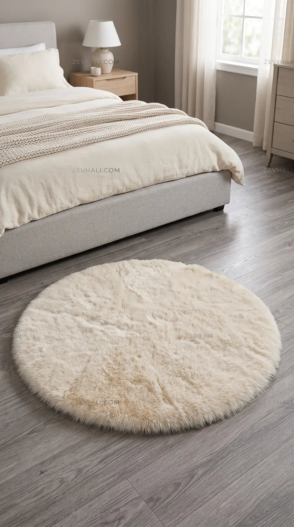 Zev Halı Alade Krem Suni Tavşan Tüyü Kaymaz Taban Yıkanabilir Peluş Yuvarlak Halı AL07 | Peluş Halı | Zev Halı
