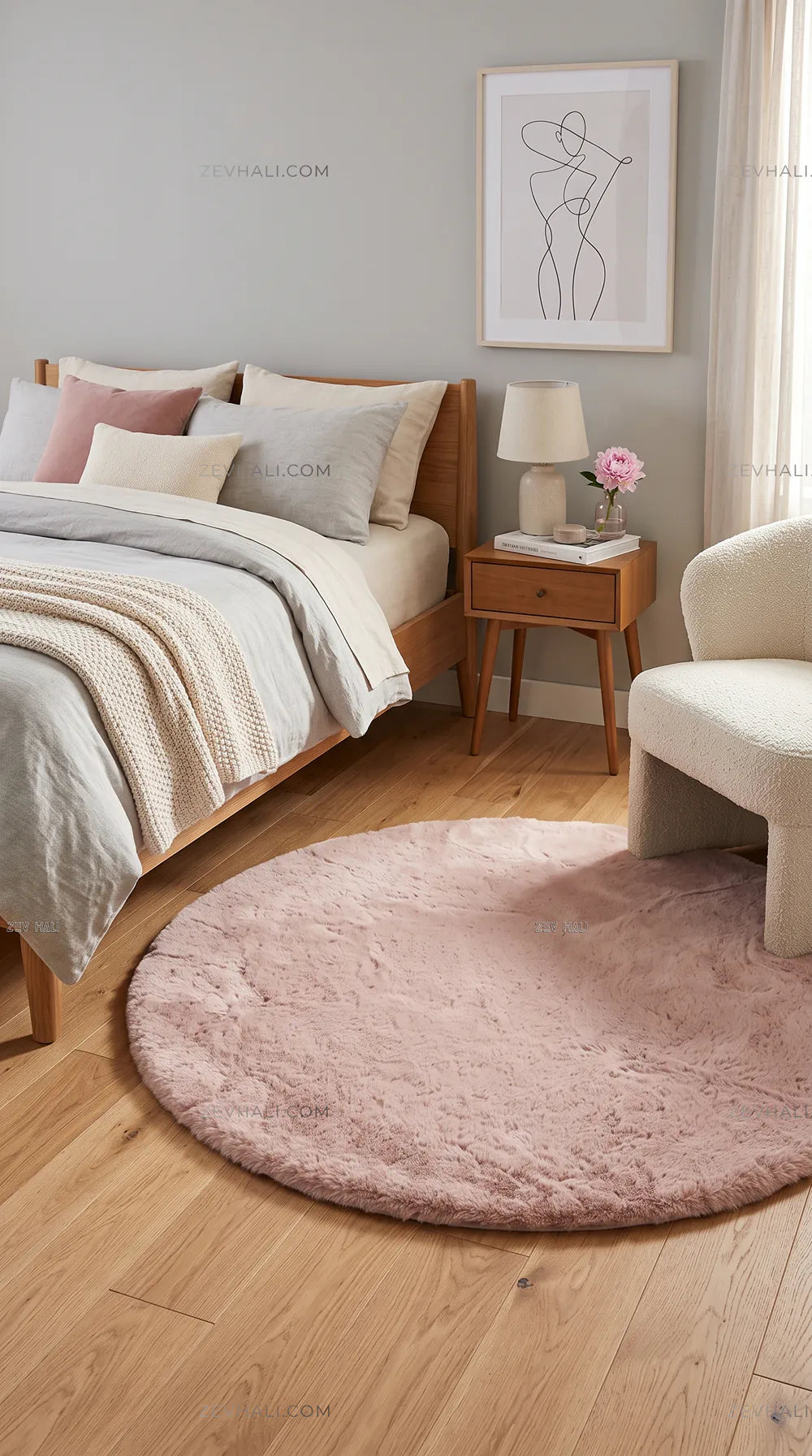 Zev Halı Alade Pudra Suni Tavşan Tüyü Kaymaz Taban Yıkanabilir Peluş Yuvarlak Halı AL09