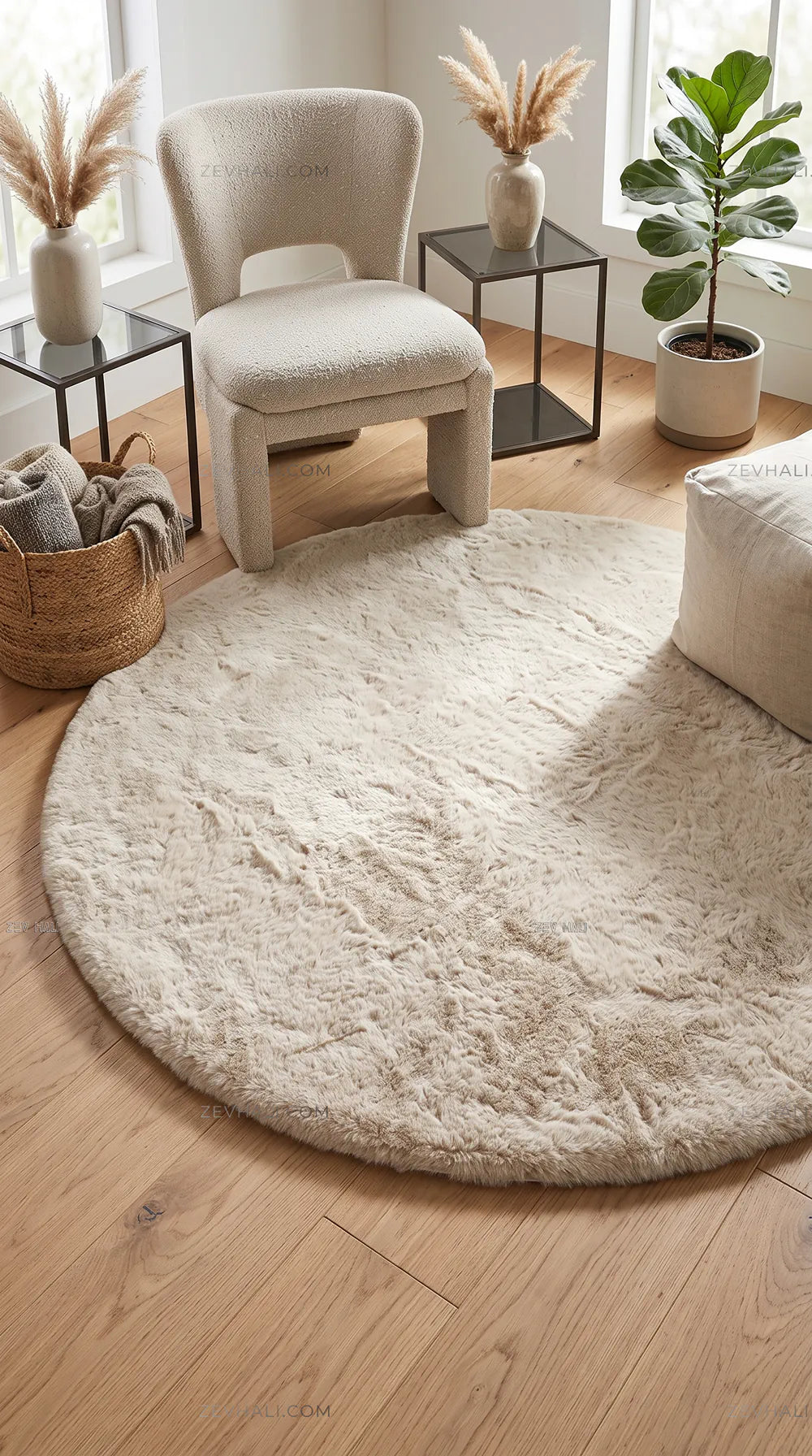 Zev Halı Alade Vizon Suni Tavşan Tüyü Kaymaz Taban Yıkanabilir Peluş Yuvarlak Halı AL12 | Peluş Halı | Zev Halı