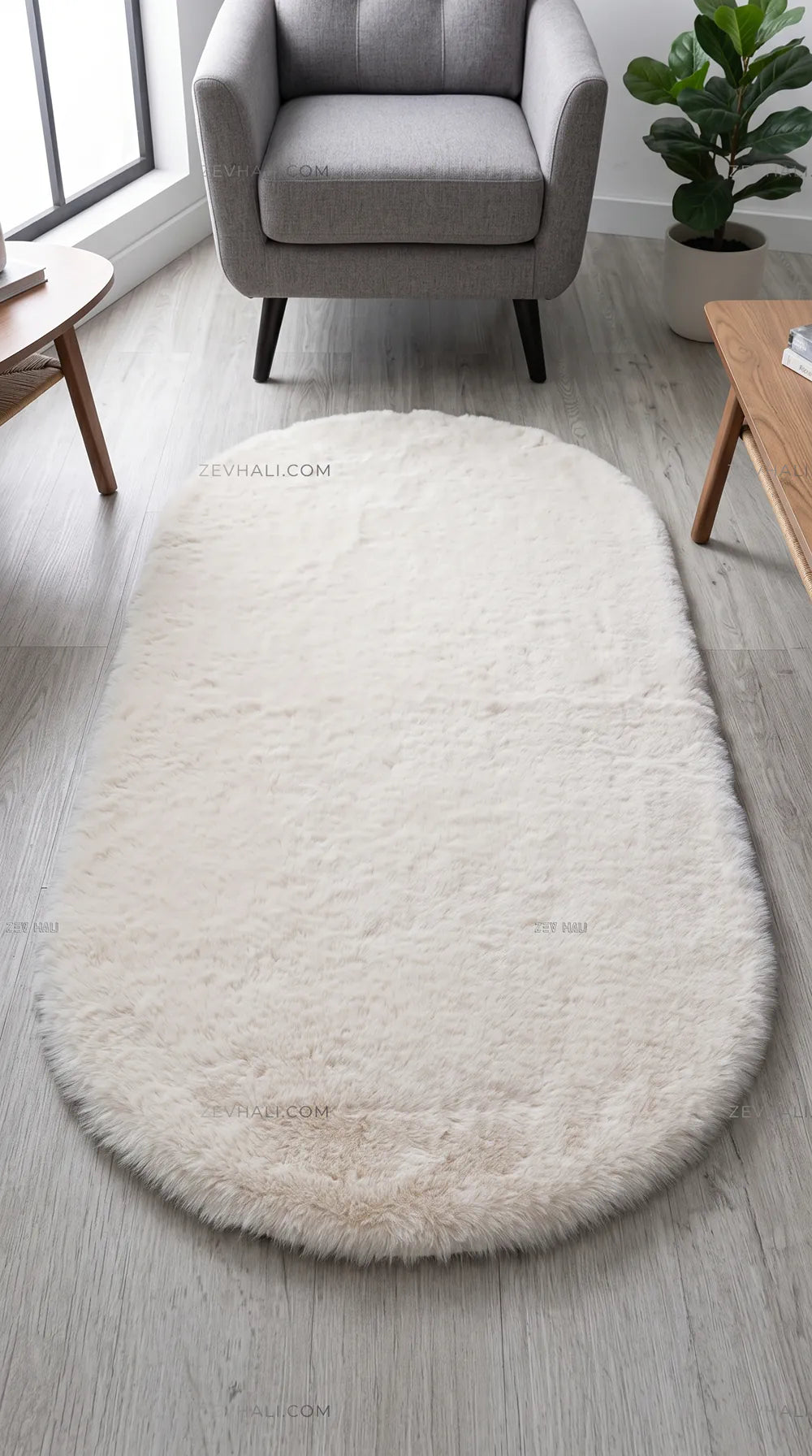 Zev Halı Alade Krem Suni Tavşan Tüyü Kaymaz Taban Yıkanabilir Peluş Oval Halı AL13