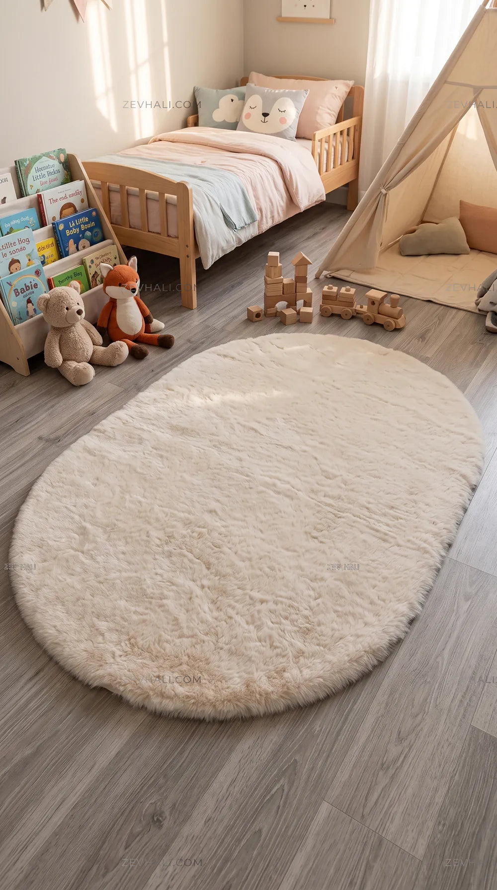 Zev Halı Alade Krem Suni Tavşan Tüyü Kaymaz Taban Yıkanabilir Peluş Oval Halı AL13