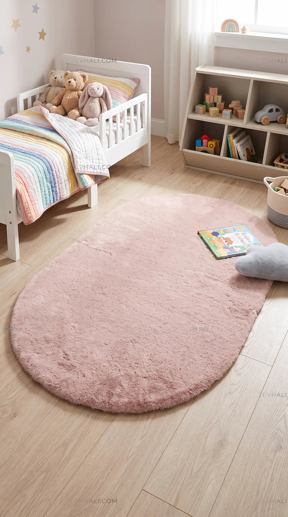 Zev Halı Alade Pudra Suni Tavşan Tüyü Kaymaz Taban Yıkanabilir Peluş Oval Halı AL15