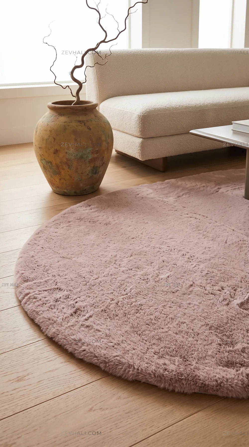 Zev Halı Alade Pudra Suni Tavşan Tüyü Kaymaz Taban Yıkanabilir Peluş Oval Halı AL15