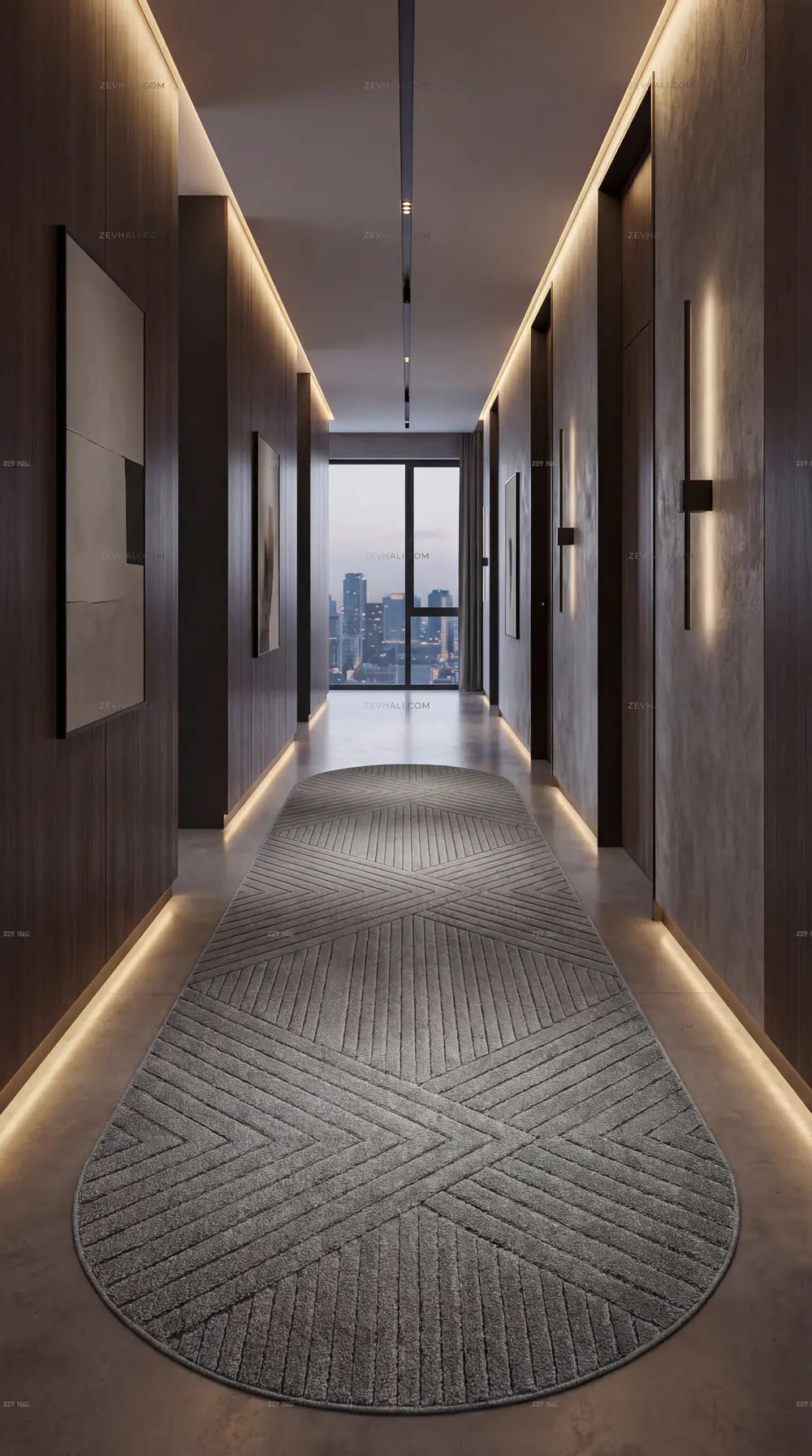 Zev Halı Antrasit Geometrik Yumuşak Oval Halı Yolluk Özel Ölçü Ba27 | Microfiber Halı | Zev Halı