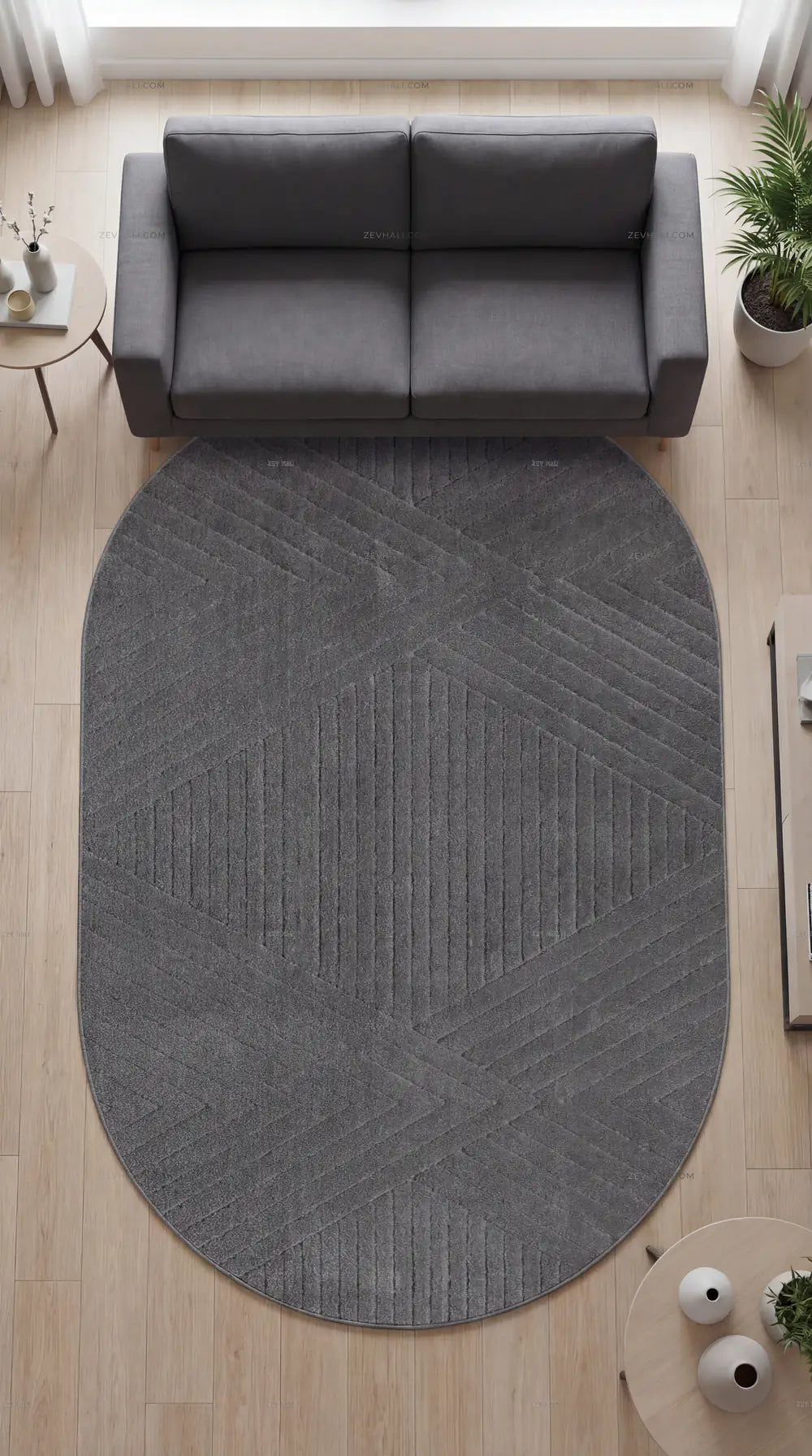 Zev Halı Antrasit Geometrik Yumuşak Oval Halı Yolluk Özel Ölçü Ba27 | Microfiber Halı | Zev Halı