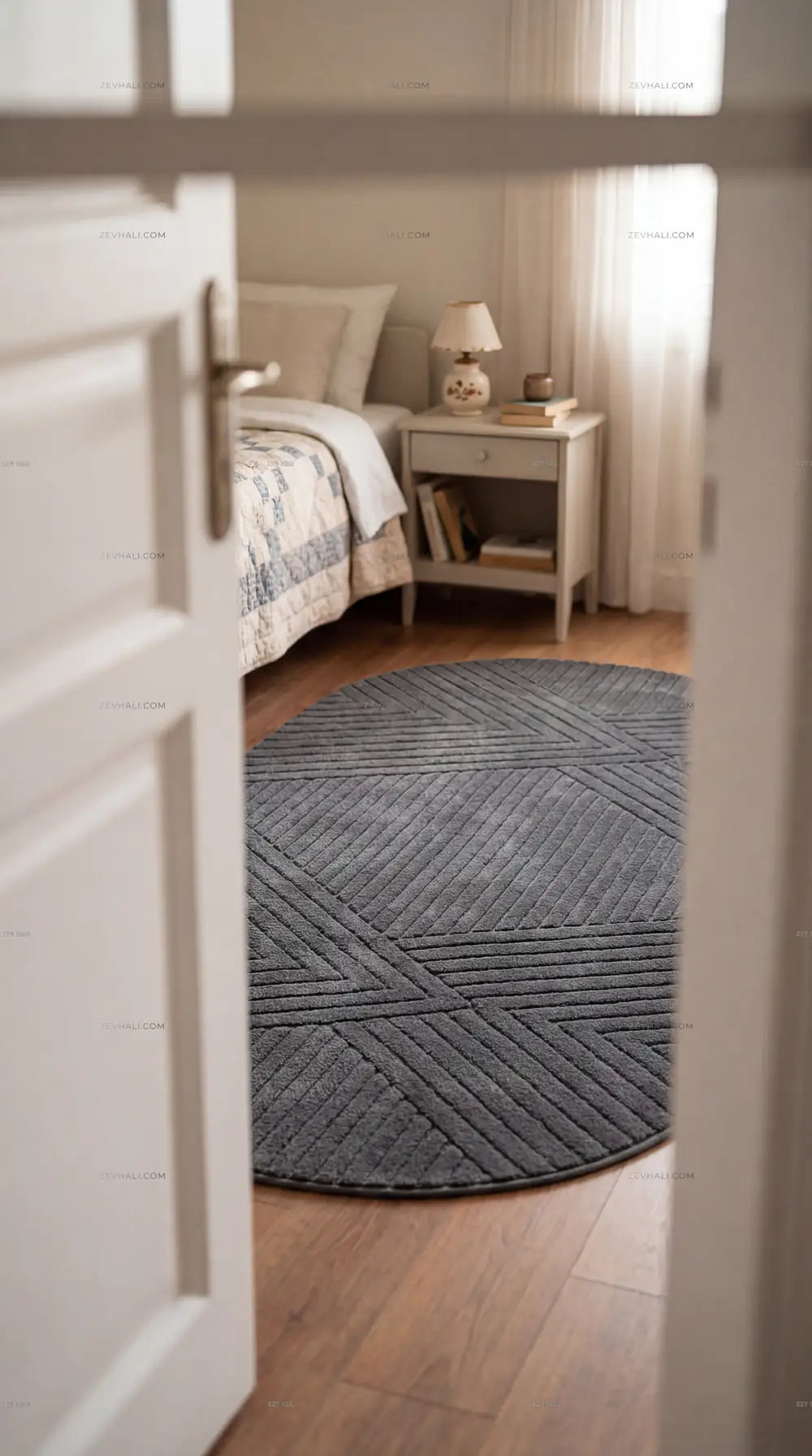 Zev Halı Antrasit Geometrik Yumuşak Oval Halı Yolluk Özel Ölçü Ba27 | Microfiber Halı | Zev Halı