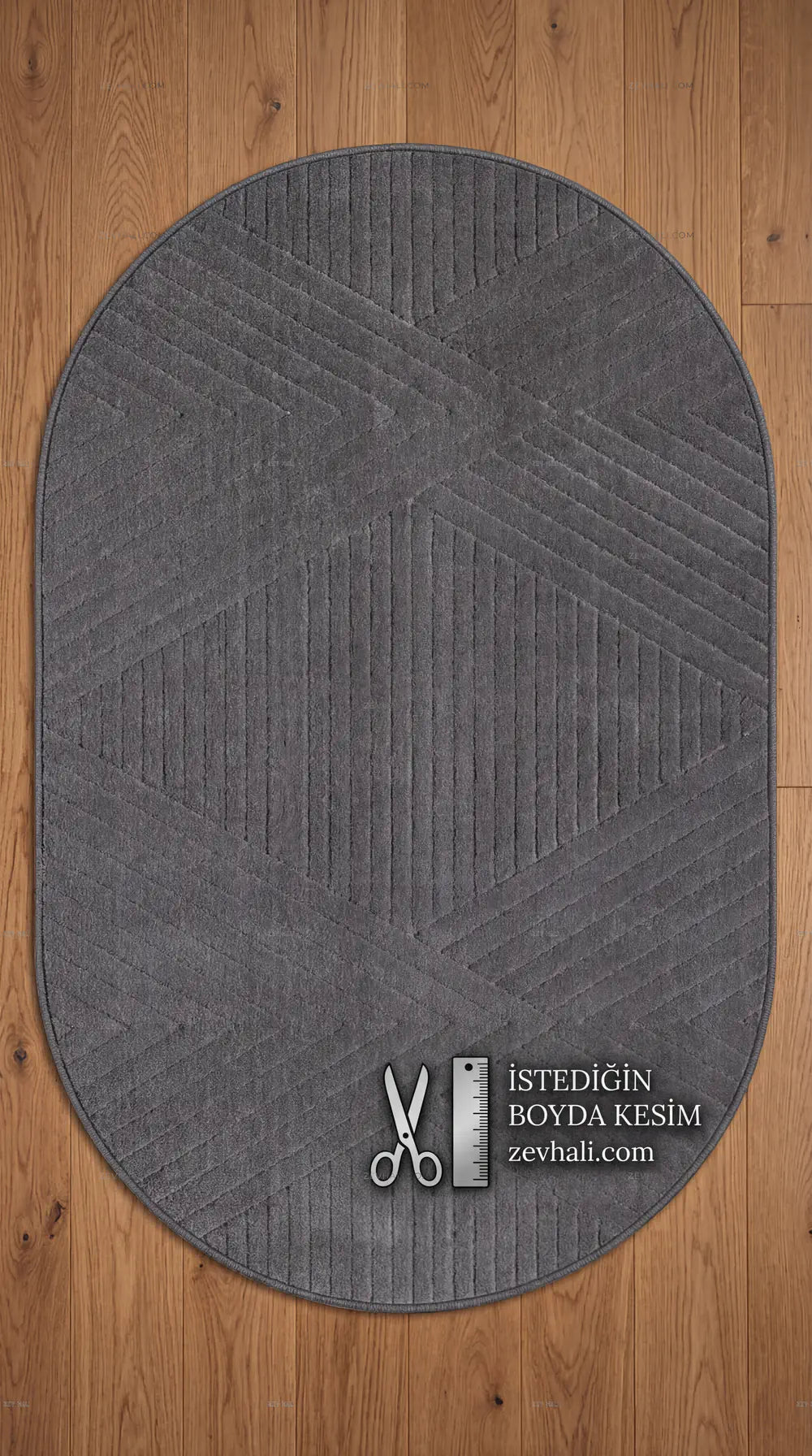 Zev Halı Antrasit Geometrik Yumuşak Oval Halı Yolluk Özel Ölçü Ba27 | Microfiber Halı | Zev Halı