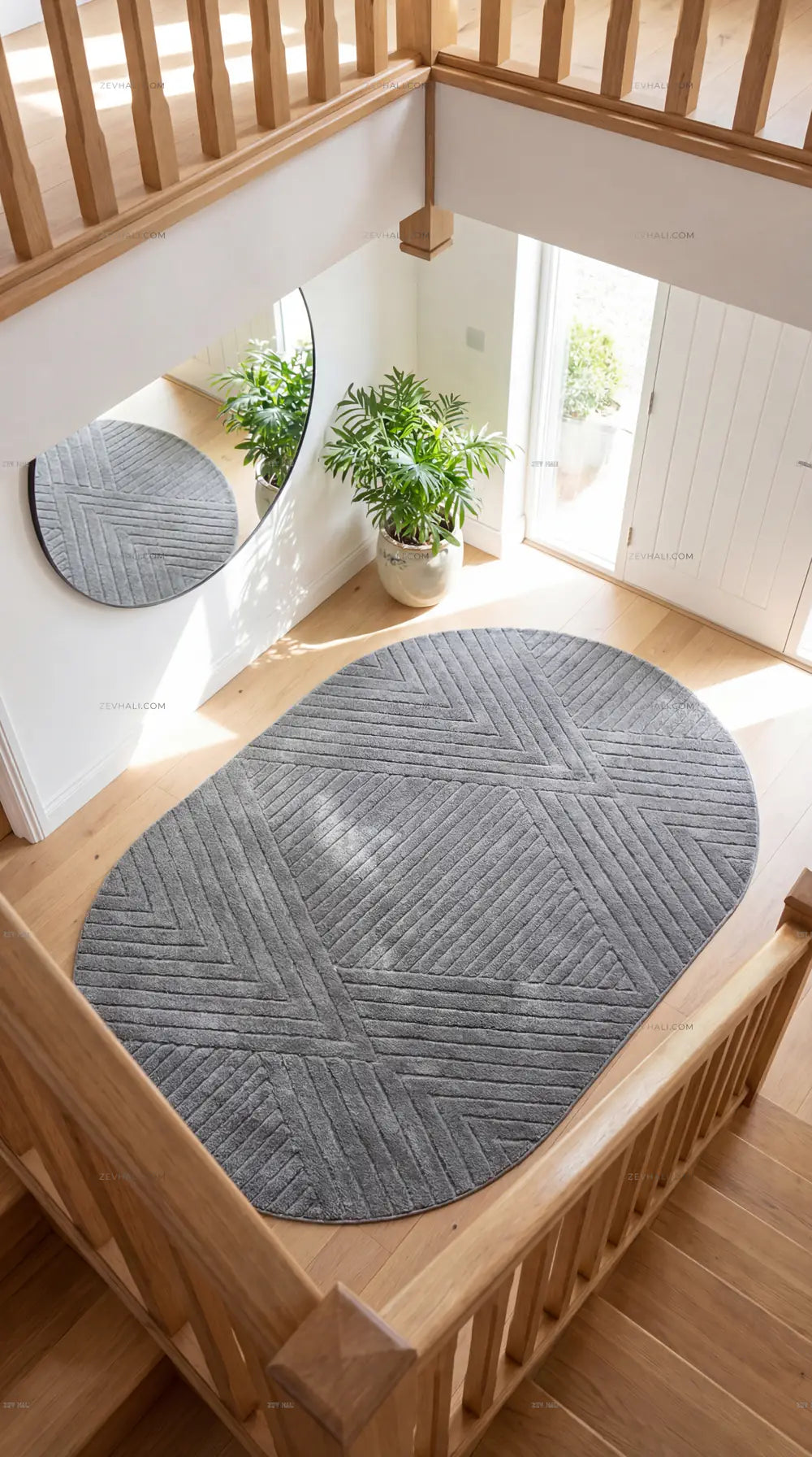 Zev Halı Antrasit Geometrik Yumuşak Oval Halı Yolluk Özel Ölçü Ba27 | Microfiber Halı | Zev Halı