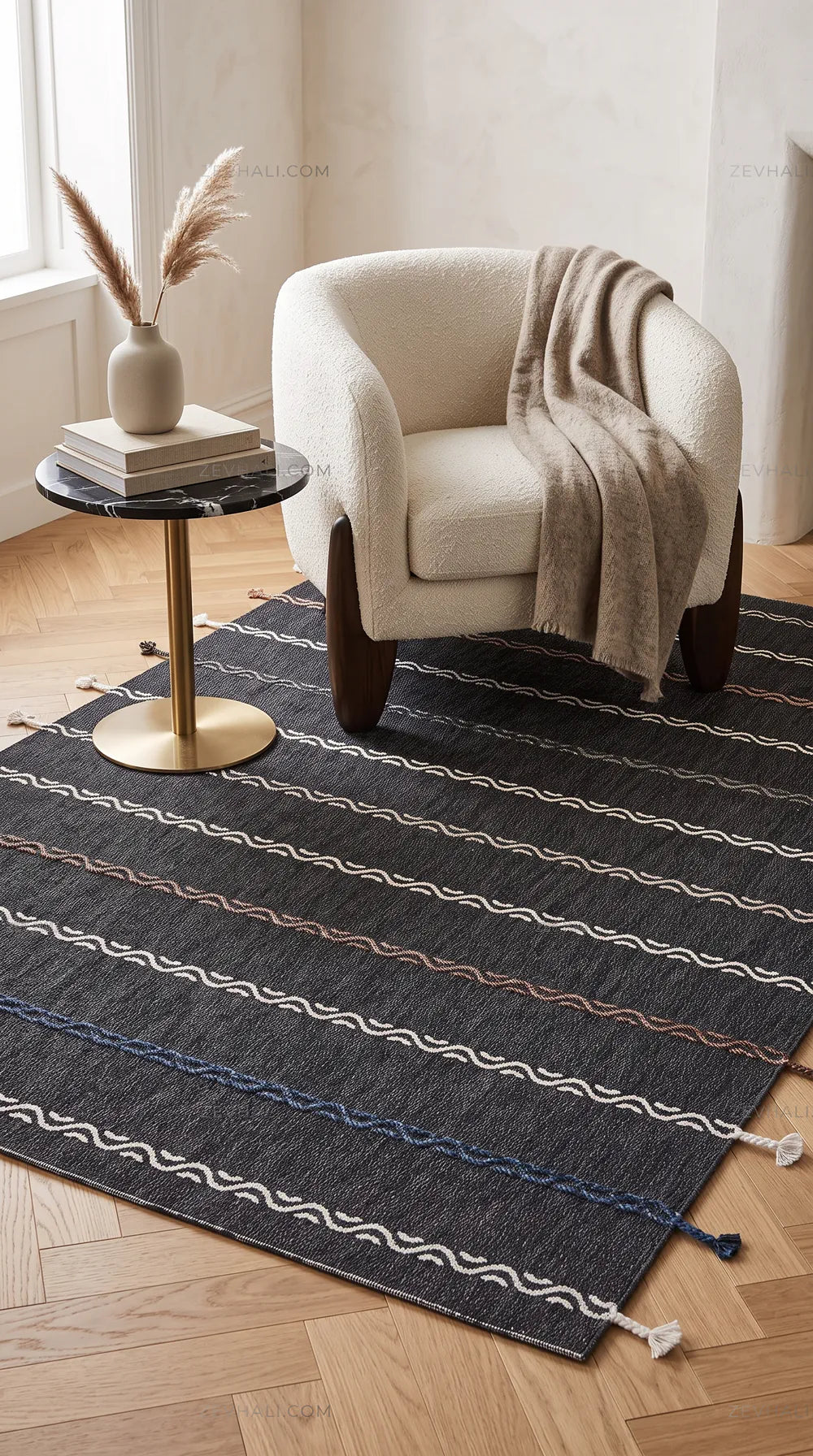 Zev Halı Vincents Colors Antrasit Dalgalı Çizgili Püsküllü İnce Kilim VC06 160x200