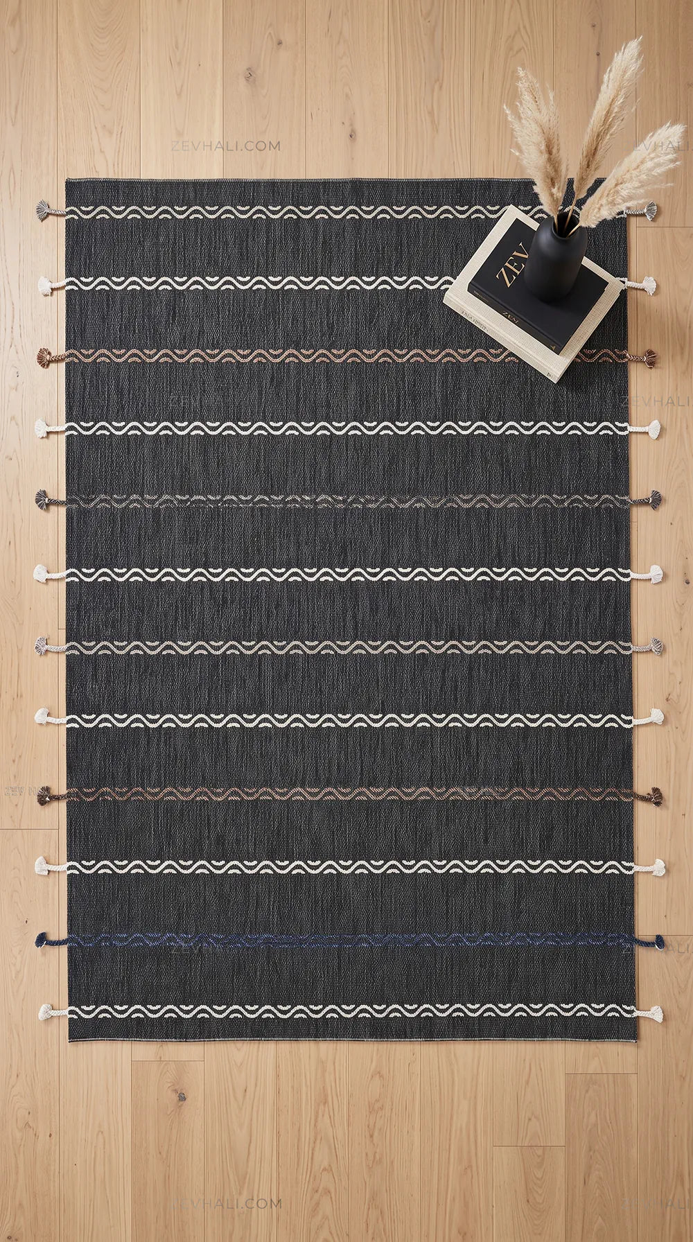 Zev Halı Vincents Colors Antrasit Dalgalı Çizgili Püsküllü İnce Kilim VC06 160x200