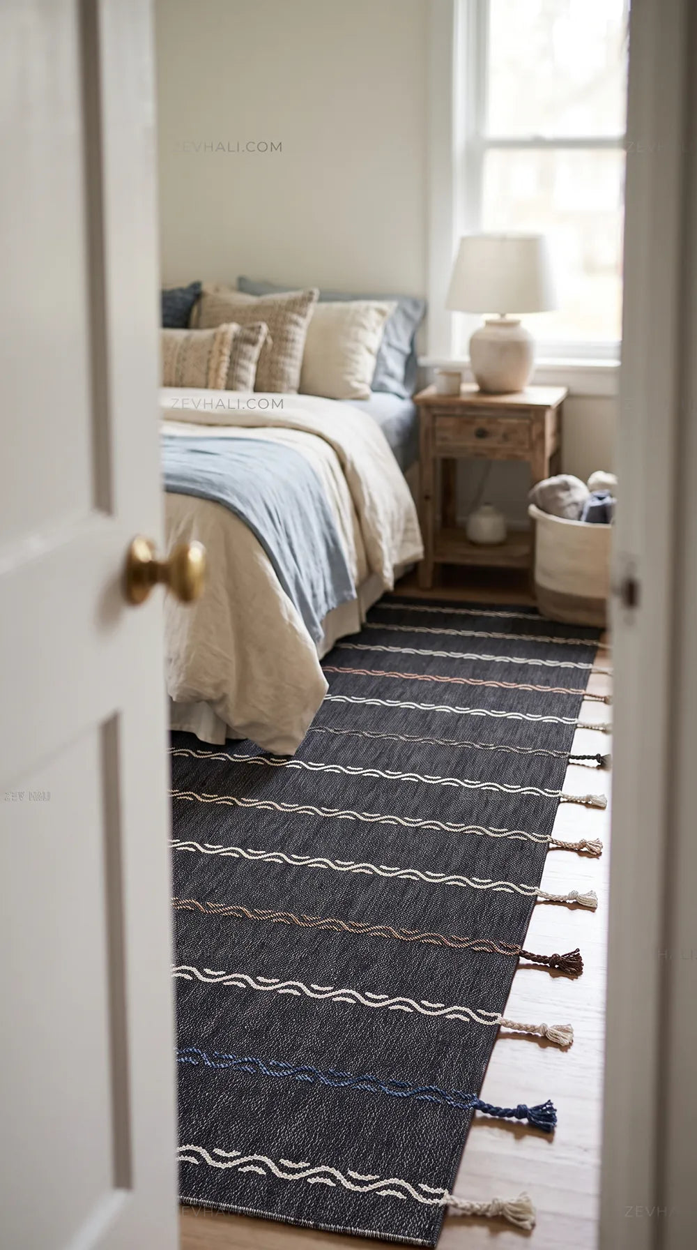 Zev Halı Vincents Colors Antrasit Dalgalı Çizgili Püsküllü İnce Kilim VC06 160x200