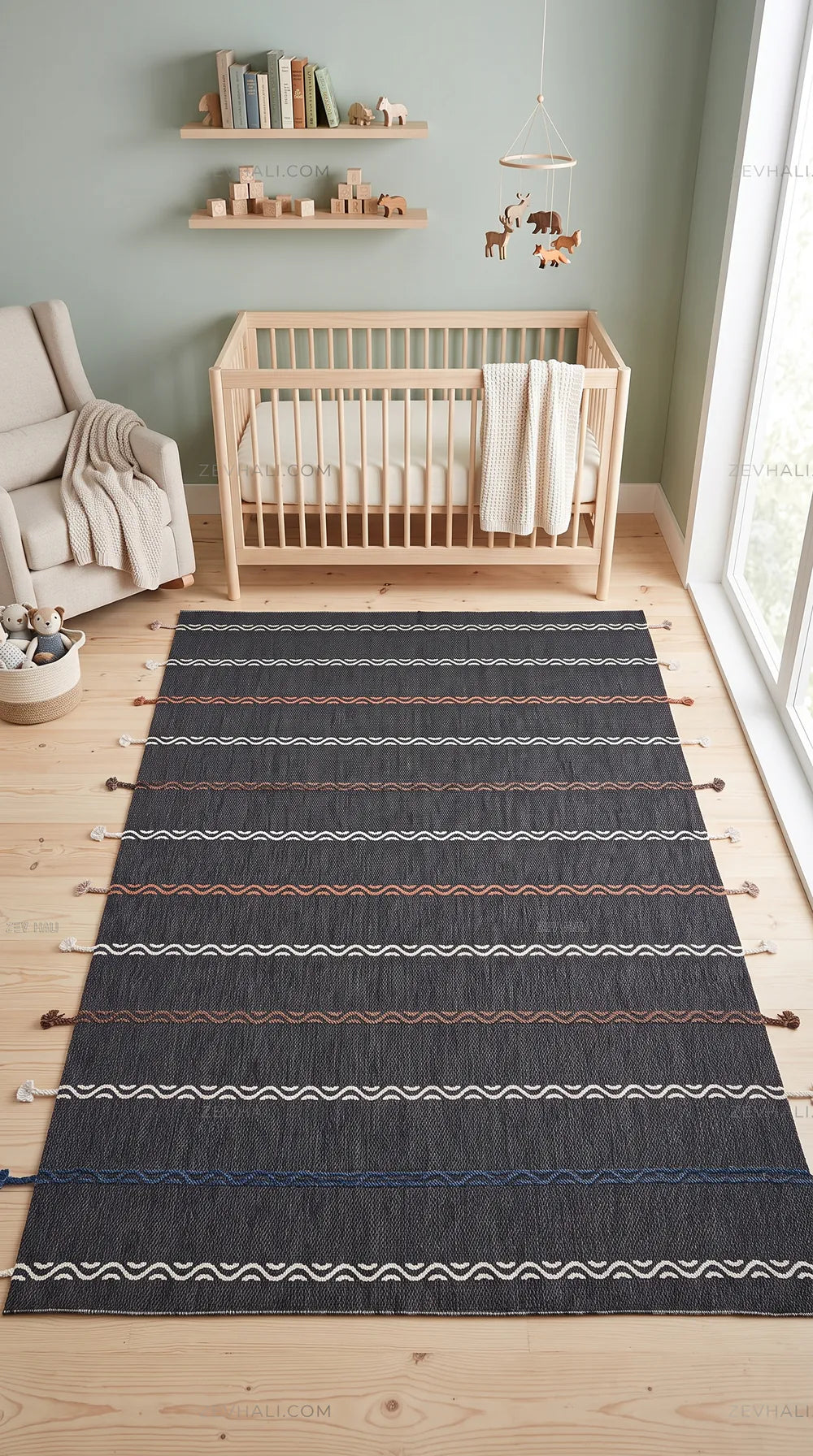 Zev Halı Vincents Colors Antrasit Dalgalı Çizgili Püsküllü İnce Kilim VC06 160x200