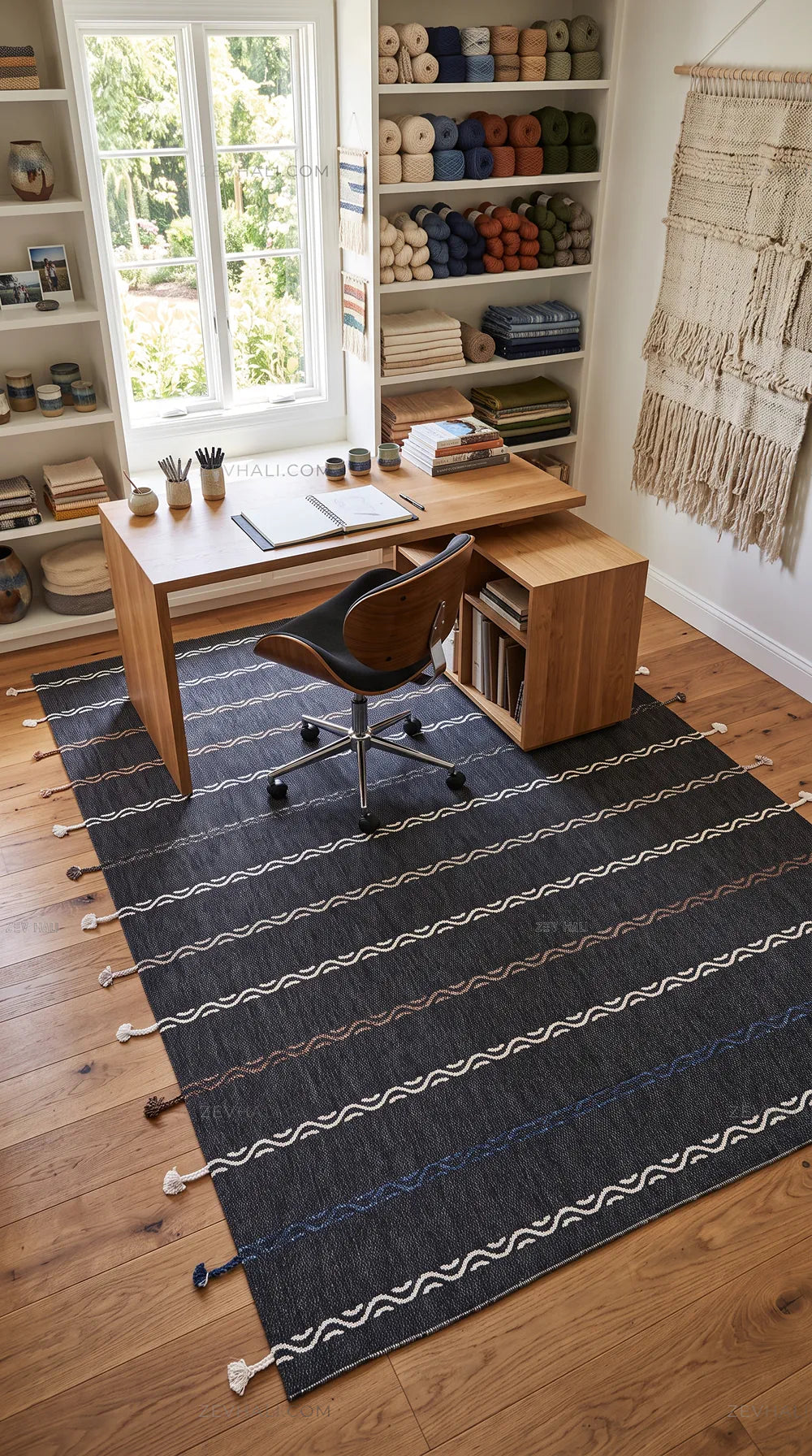 Zev Halı Vincents Colors Antrasit Dalgalı Çizgili Püsküllü İnce Kilim VC06 160x200