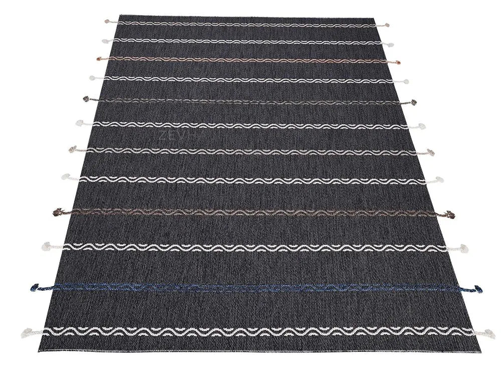 Zev Halı Vincents Colors Antrasit Dalgalı Çizgili Püsküllü İnce Kilim VC06 160x200