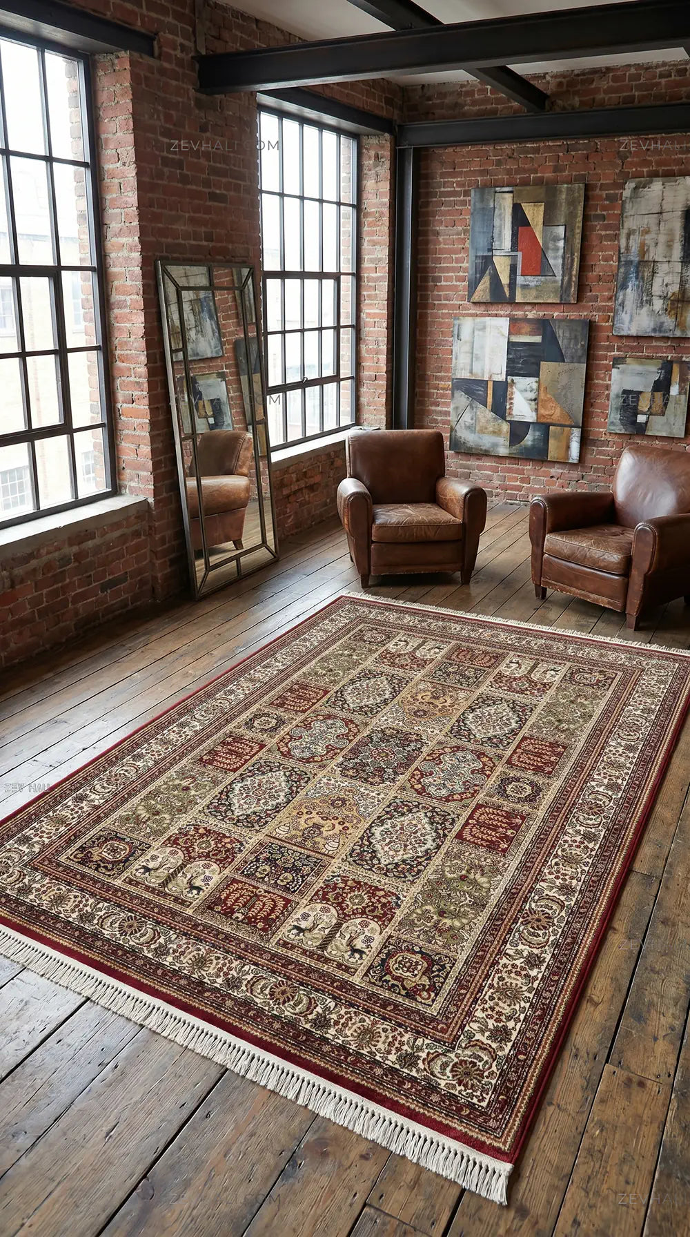 Zev Halı Asitane Bordo Etnik Afgan Desenli Vintage Salon Halısı AST07