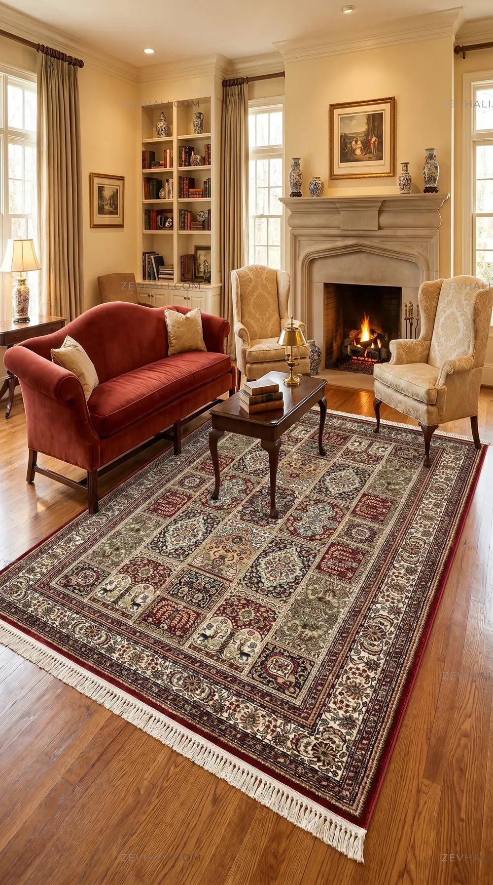 Zev Halı Asitane Bordo Etnik Afgan Desenli Vintage Salon Halısı AST07