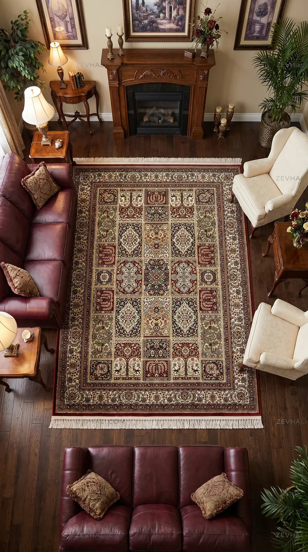 Zev Halı Asitane Bordo Etnik Afgan Desenli Vintage Salon Halısı AST07