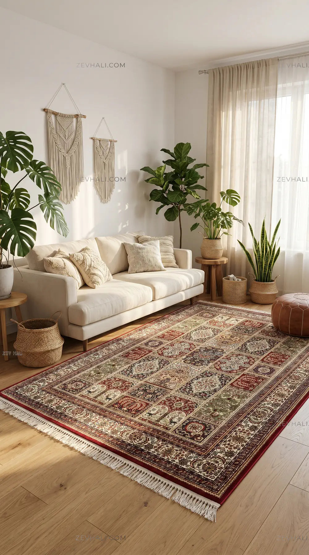 Zev Halı Asitane Bordo Etnik Afgan Desenli Vintage Salon Halısı AST07