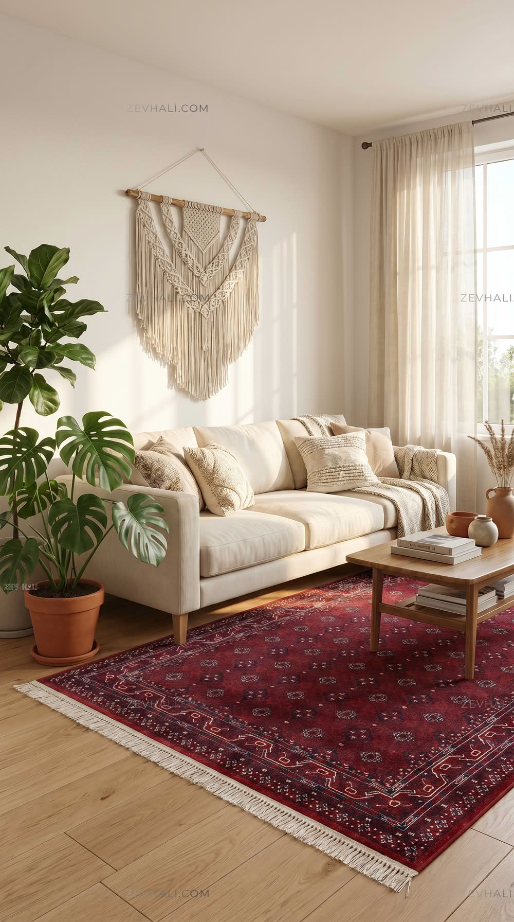 Zev Halı Asitane Bordo Geometrik Afgan Motifli Otantik Salon Halısı AST08