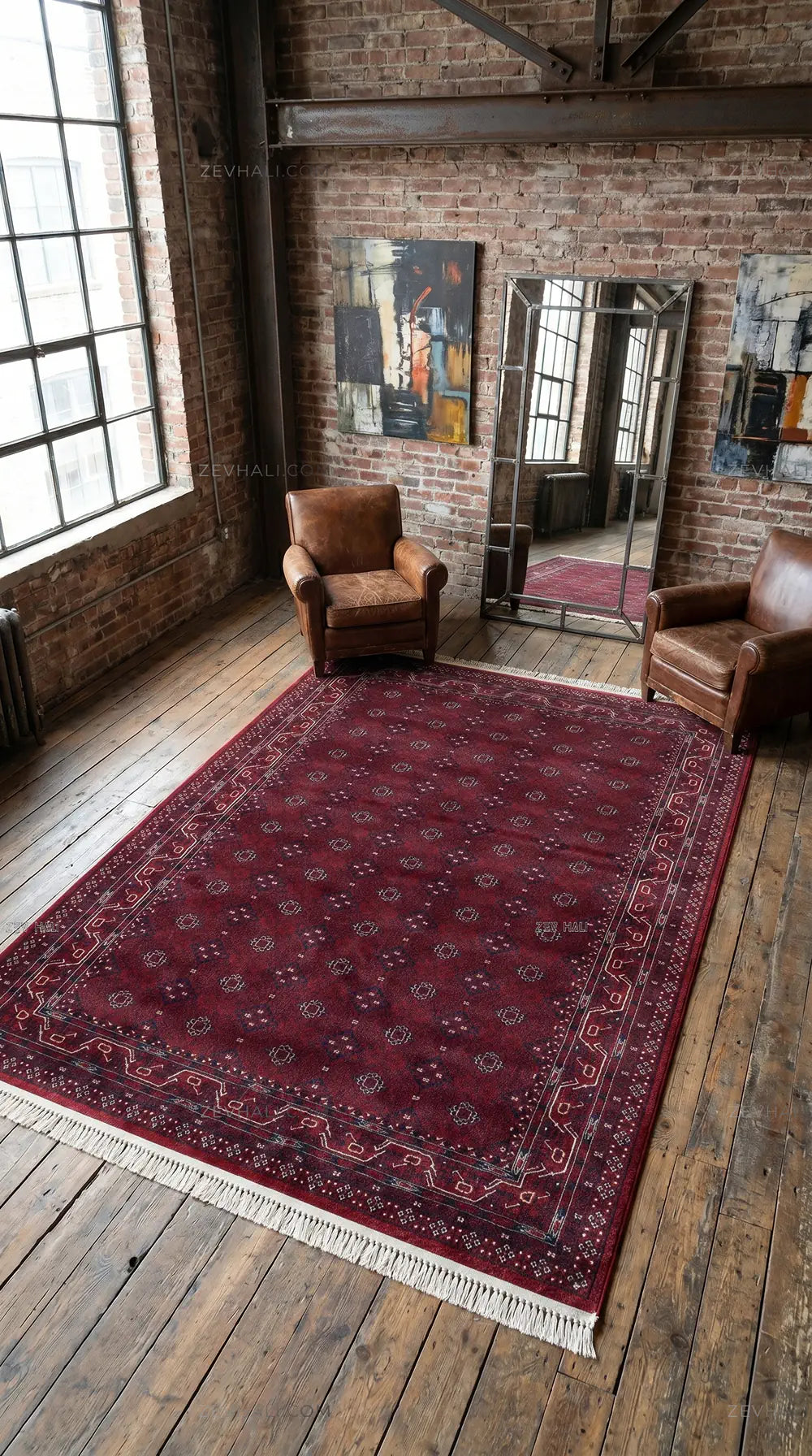 Zev Halı Asitane Bordo Geometrik Afgan Motifli Otantik Salon Halısı AST08
