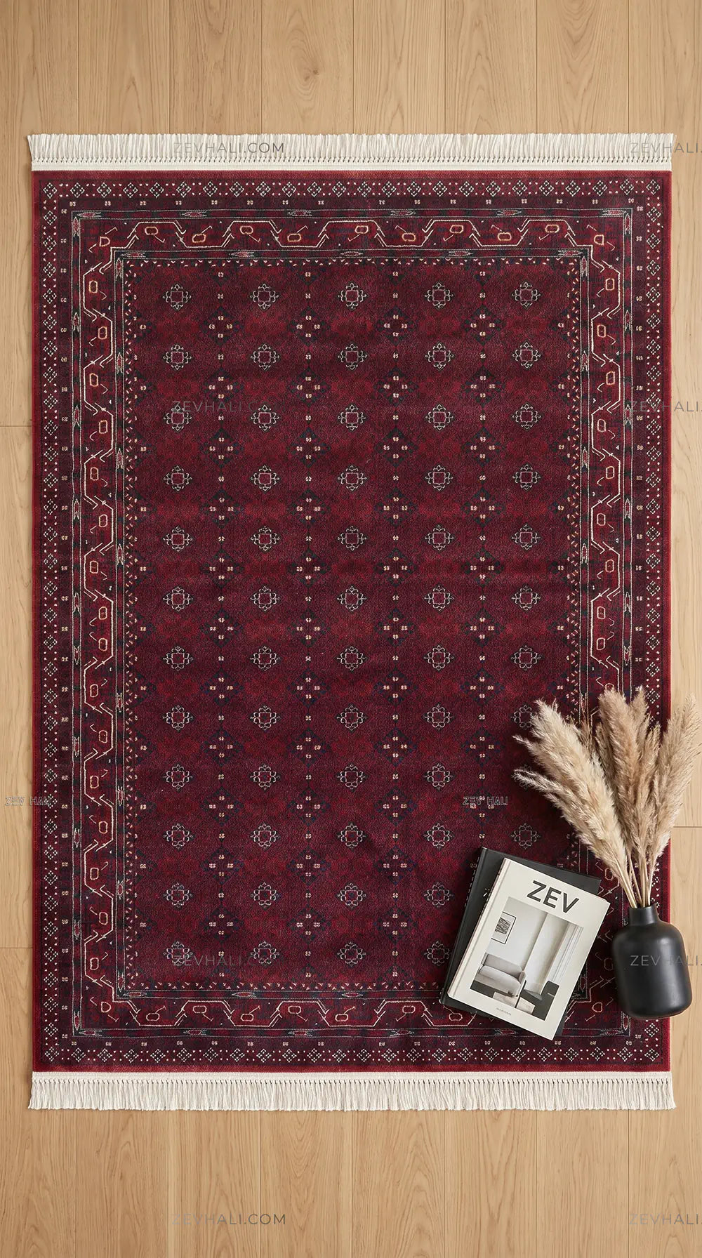 Zev Halı Asitane Bordo Geometrik Afgan Motifli Otantik Salon Halısı AST08