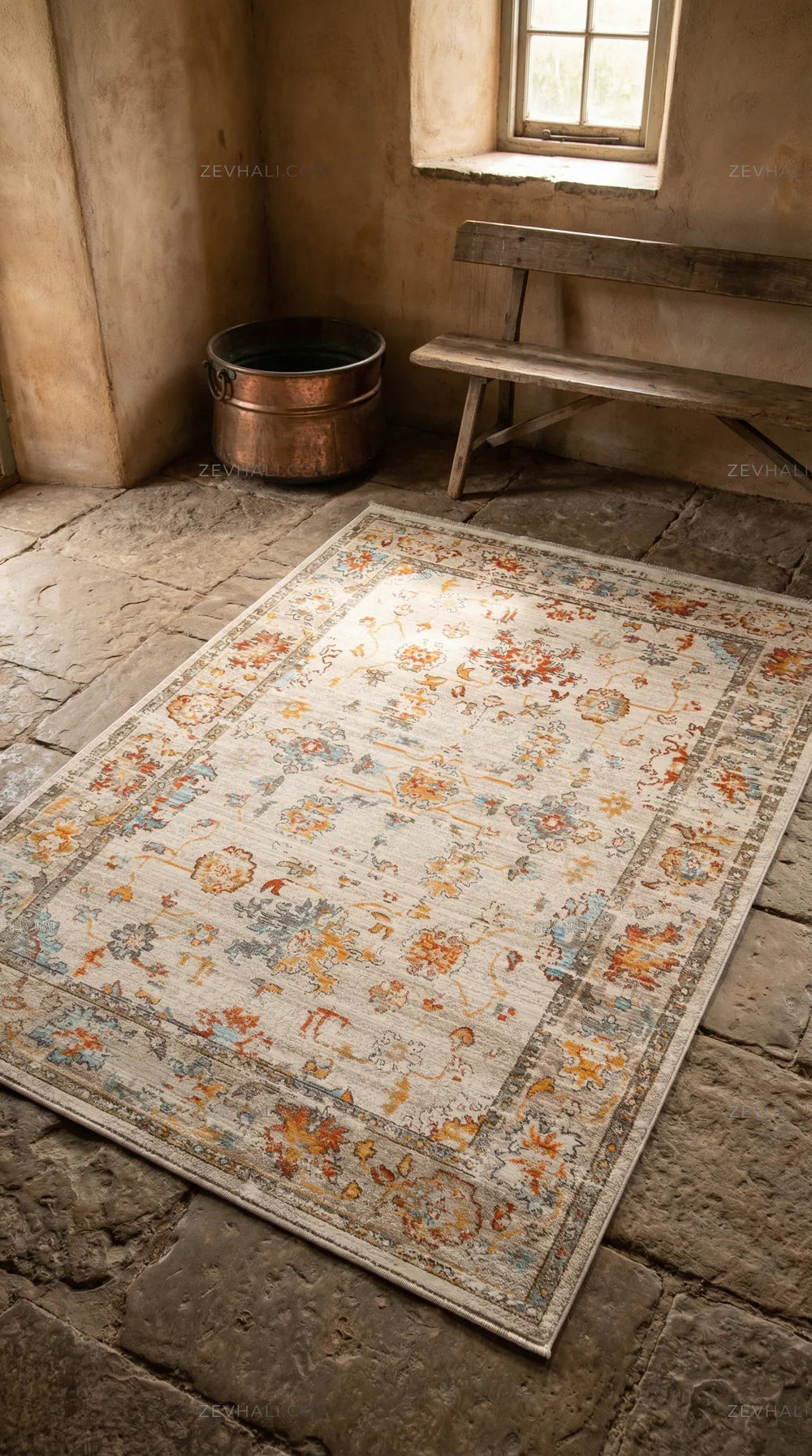 Zev Halı Aura Turuncu Turkuaz Vintage Klasik Salon Mutfak Halısı And005 | Etnik Halılar | Zev Halı