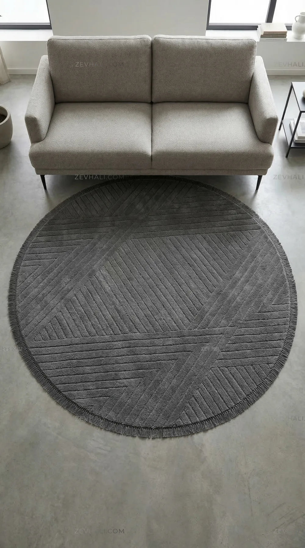 Zev Halı Babil Antrasit Çizgili Ekstra Yumuşak Modern Yuvarlak Halı Ba10 | Microfiber Halı | Zev Halı
